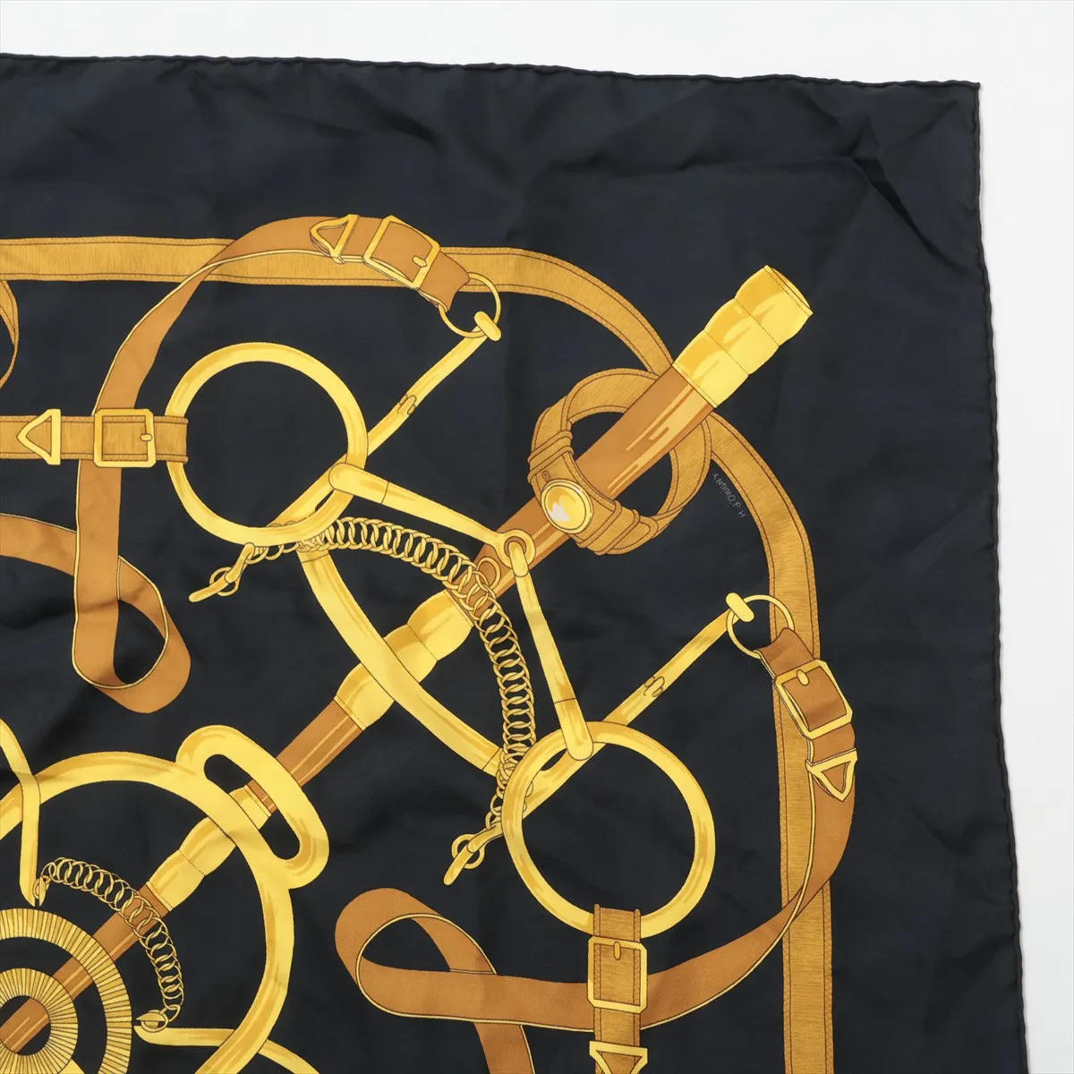 Carre 90 Eperon d'or (Golden Spur) Scarf, Silk, Black. Shows wear, — view 3