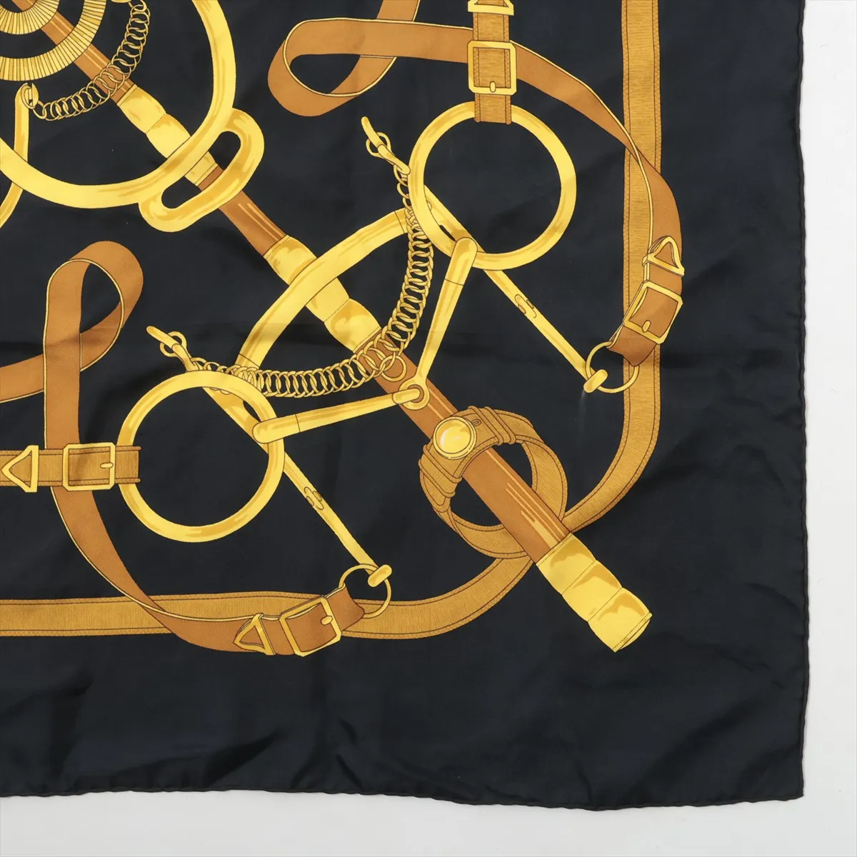 Carre 90 Eperon d'or (Golden Spur) Scarf, Silk, Black. Shows wear, — view 4