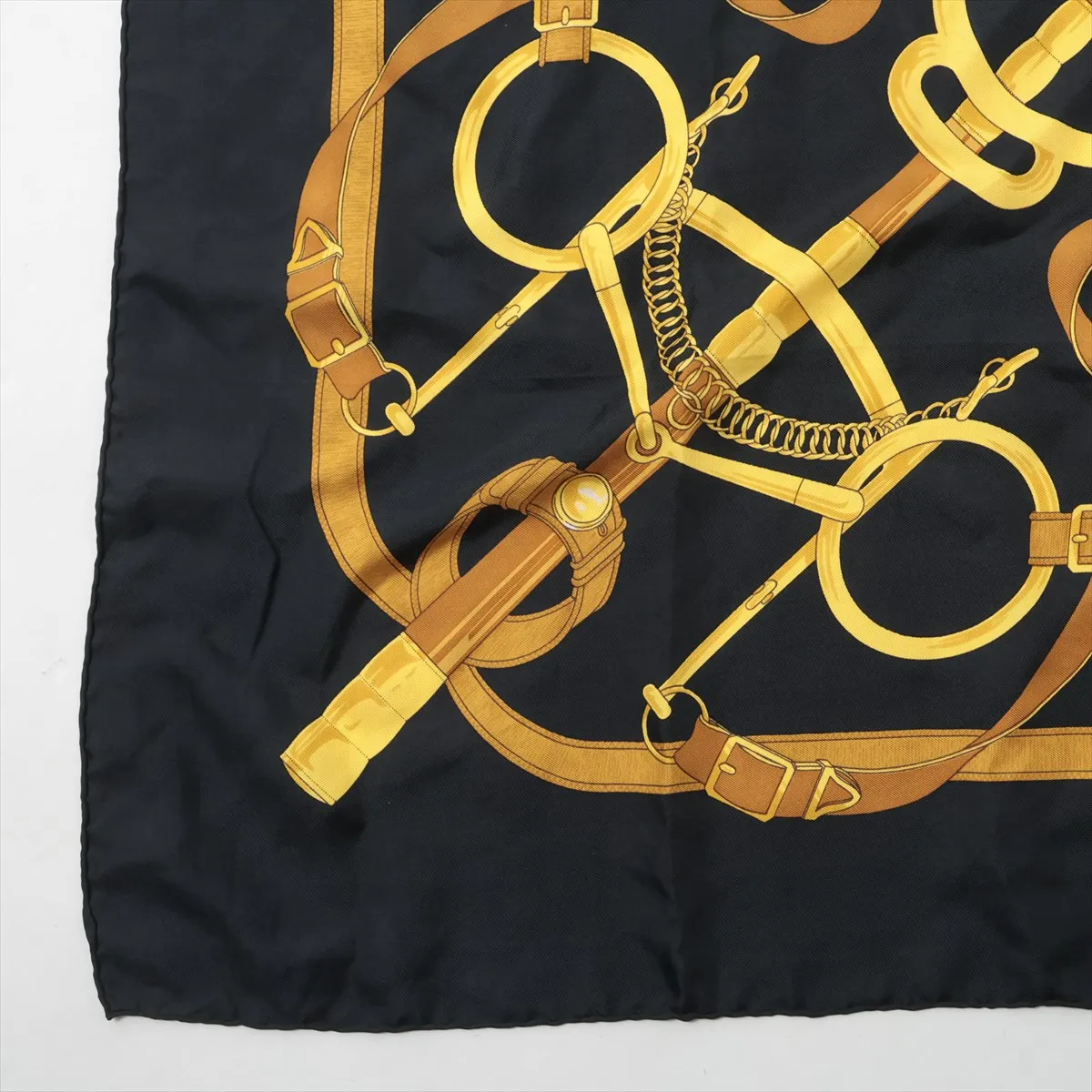 Carre 90 Eperon d'or (Golden Spur) Scarf, Silk, Black. Shows wear, — view 5