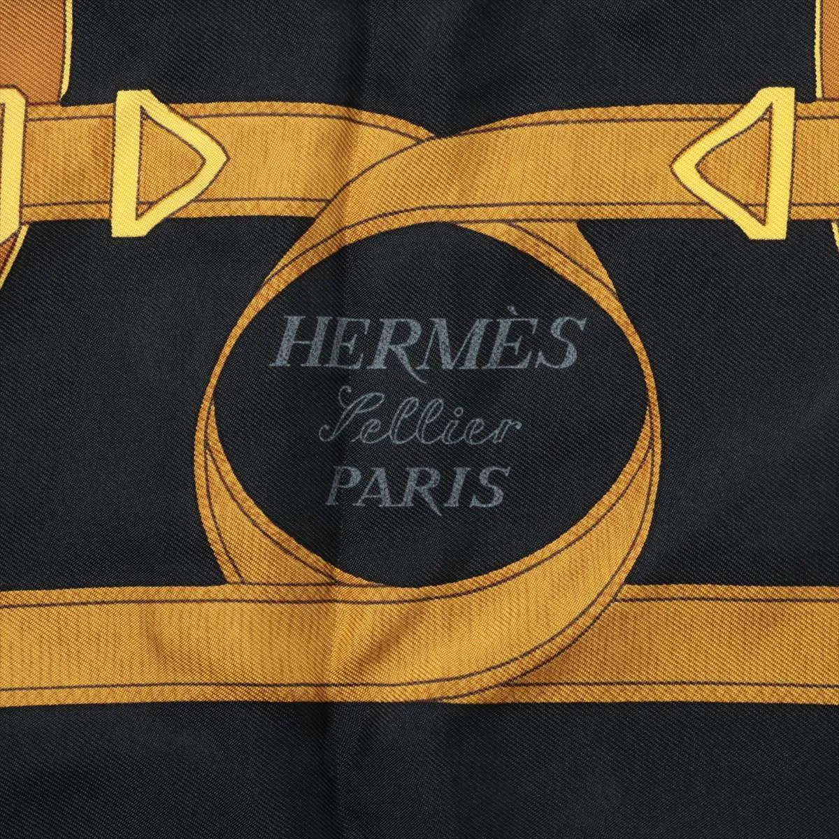 Carre 90 Eperon d'or (Golden Spur) Scarf, Silk, Black. Shows wear, — view 6