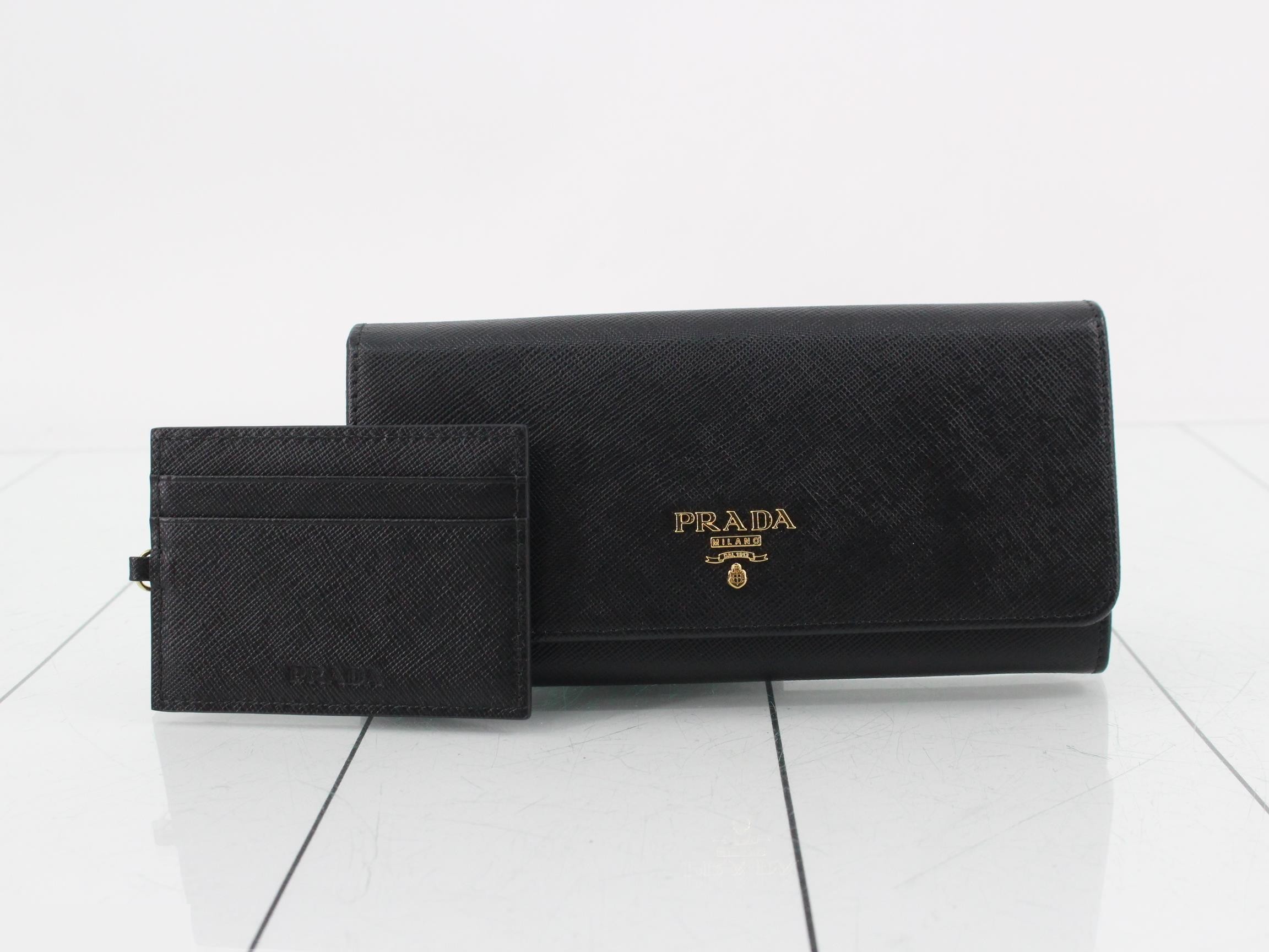Saffiano leather long wallet, unused, black.