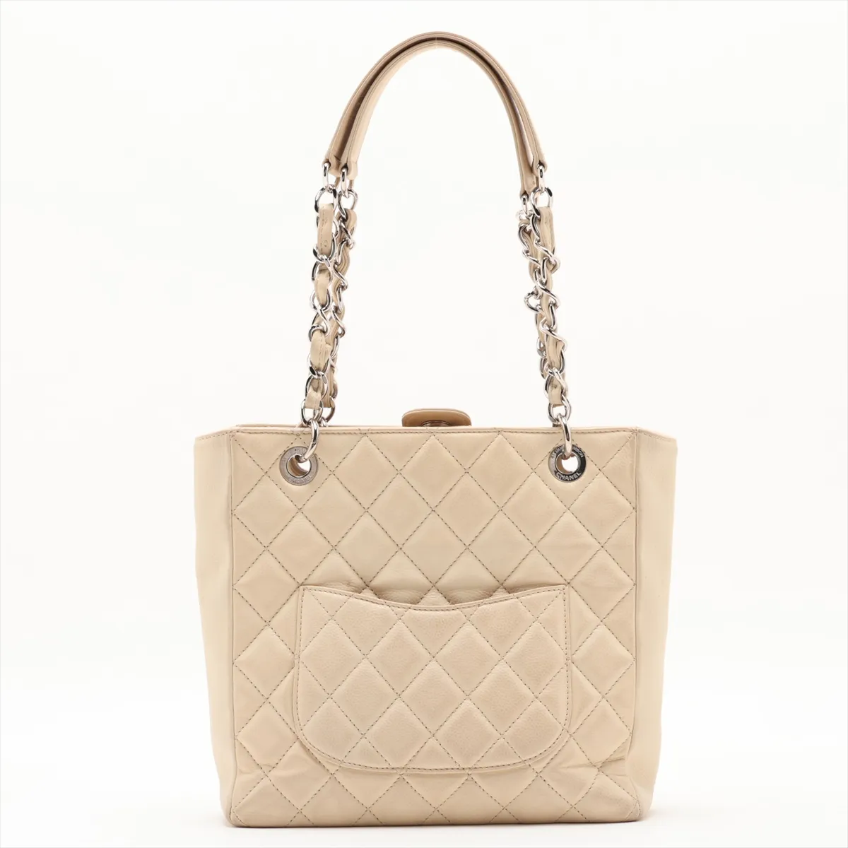 PST Caviar Skin Chain Tote Bag, Beige, Silver Hardware, 14589871, Series 14 — view 2