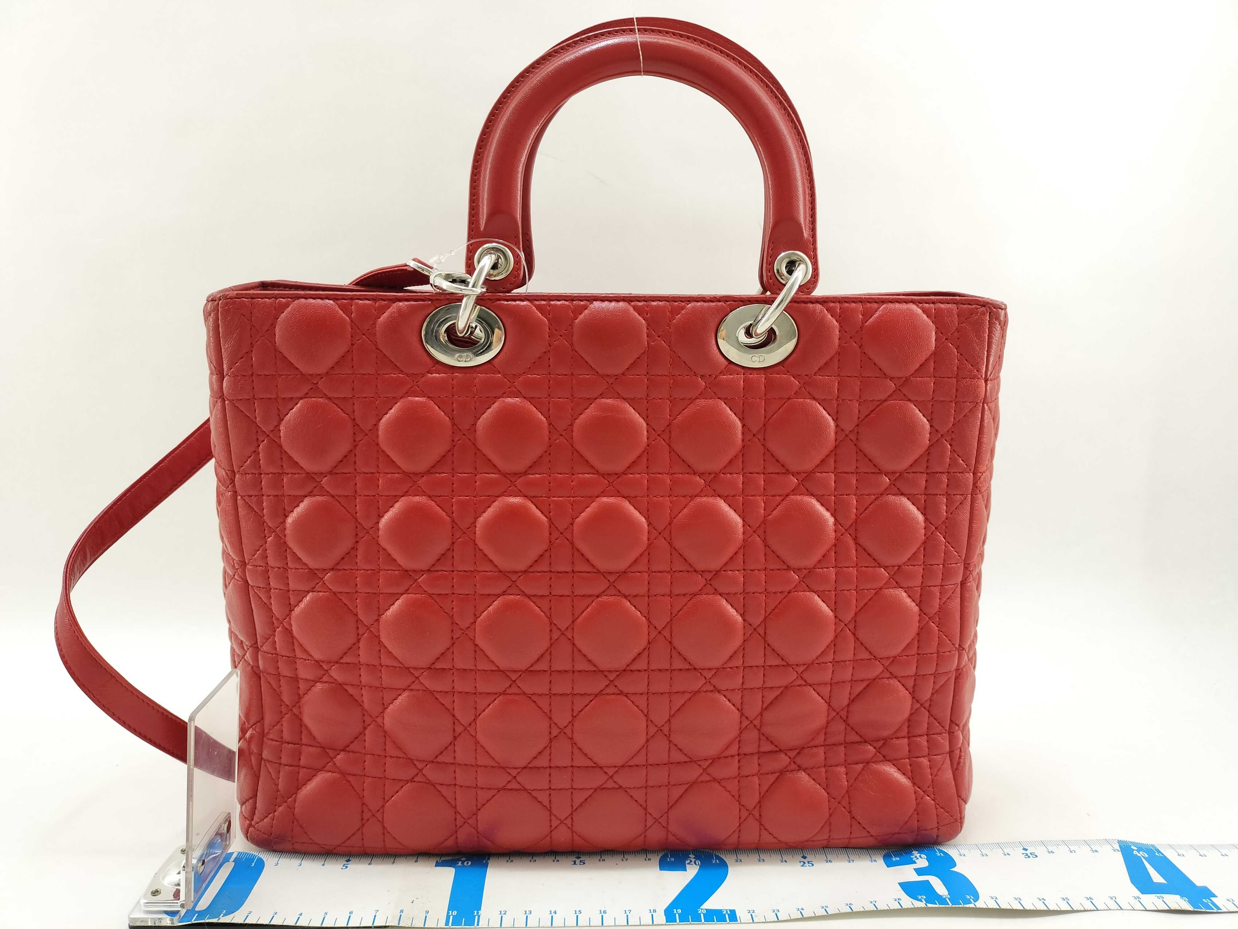 Lady Dior Christian 2-Way Lambskin Handbag (Red & Silver) — view 2
