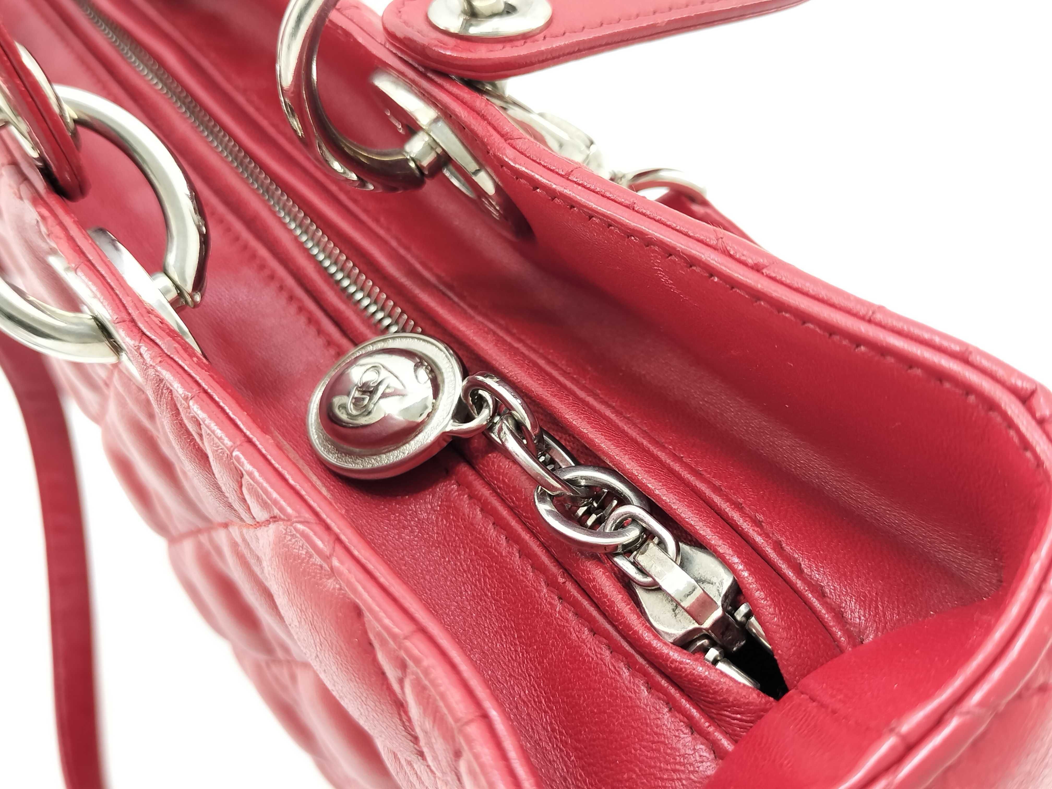 Lady Dior Christian 2-Way Lambskin Handbag (Red & Silver) — view 11