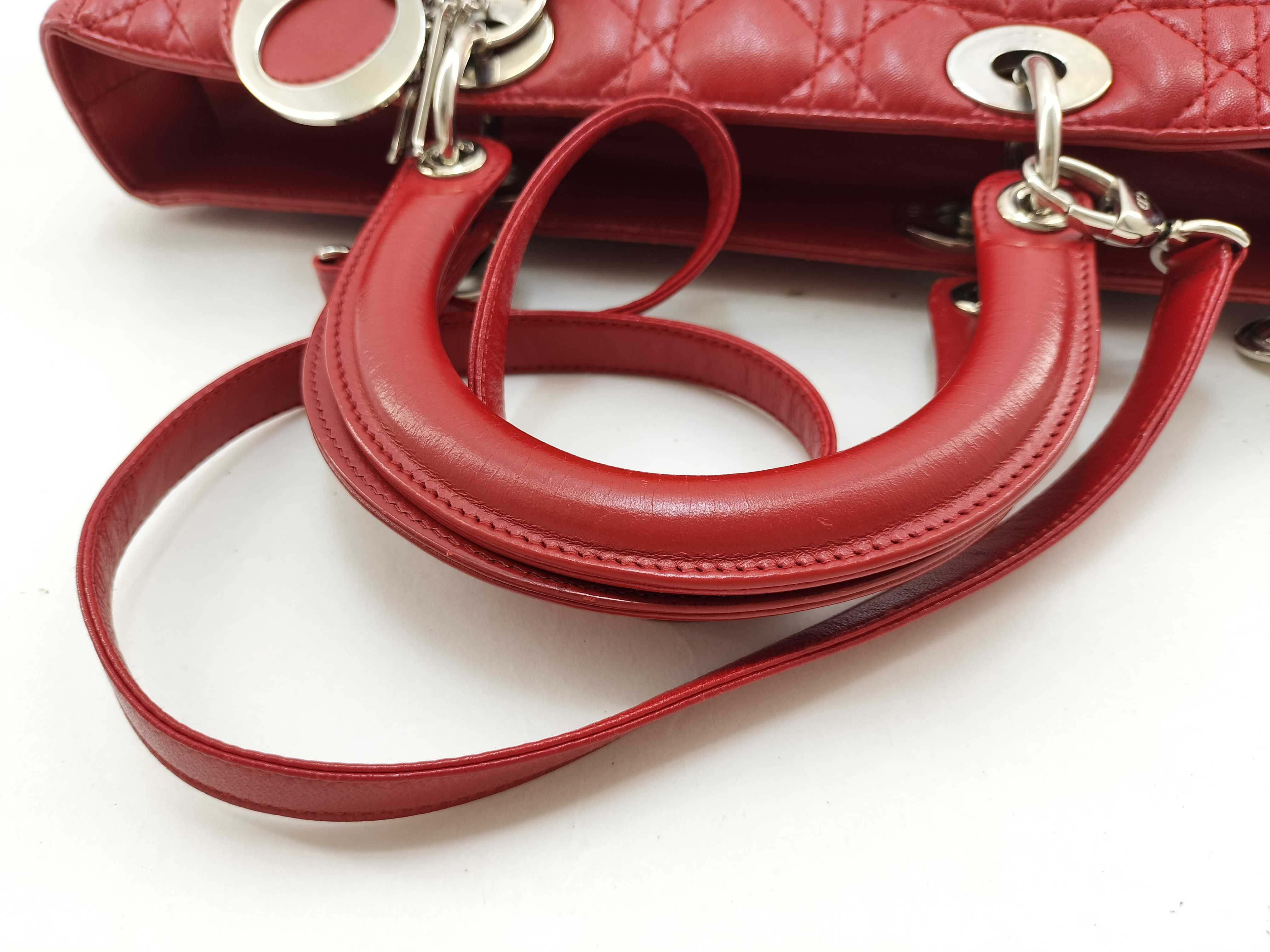 Lady Dior Christian 2-Way Lambskin Handbag (Red & Silver) — view 7