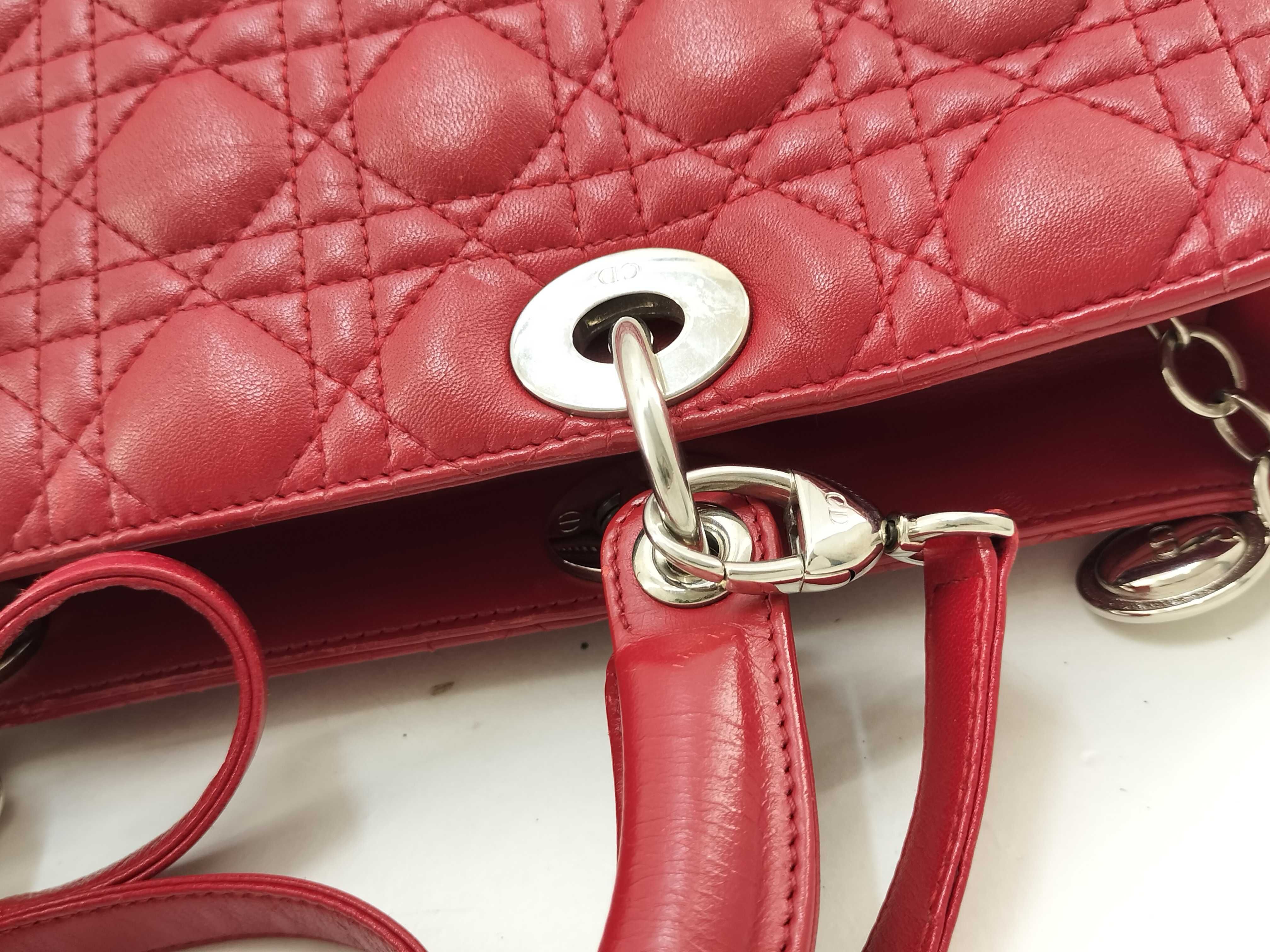 Lady Dior Christian 2-Way Lambskin Handbag (Red & Silver) — view 8