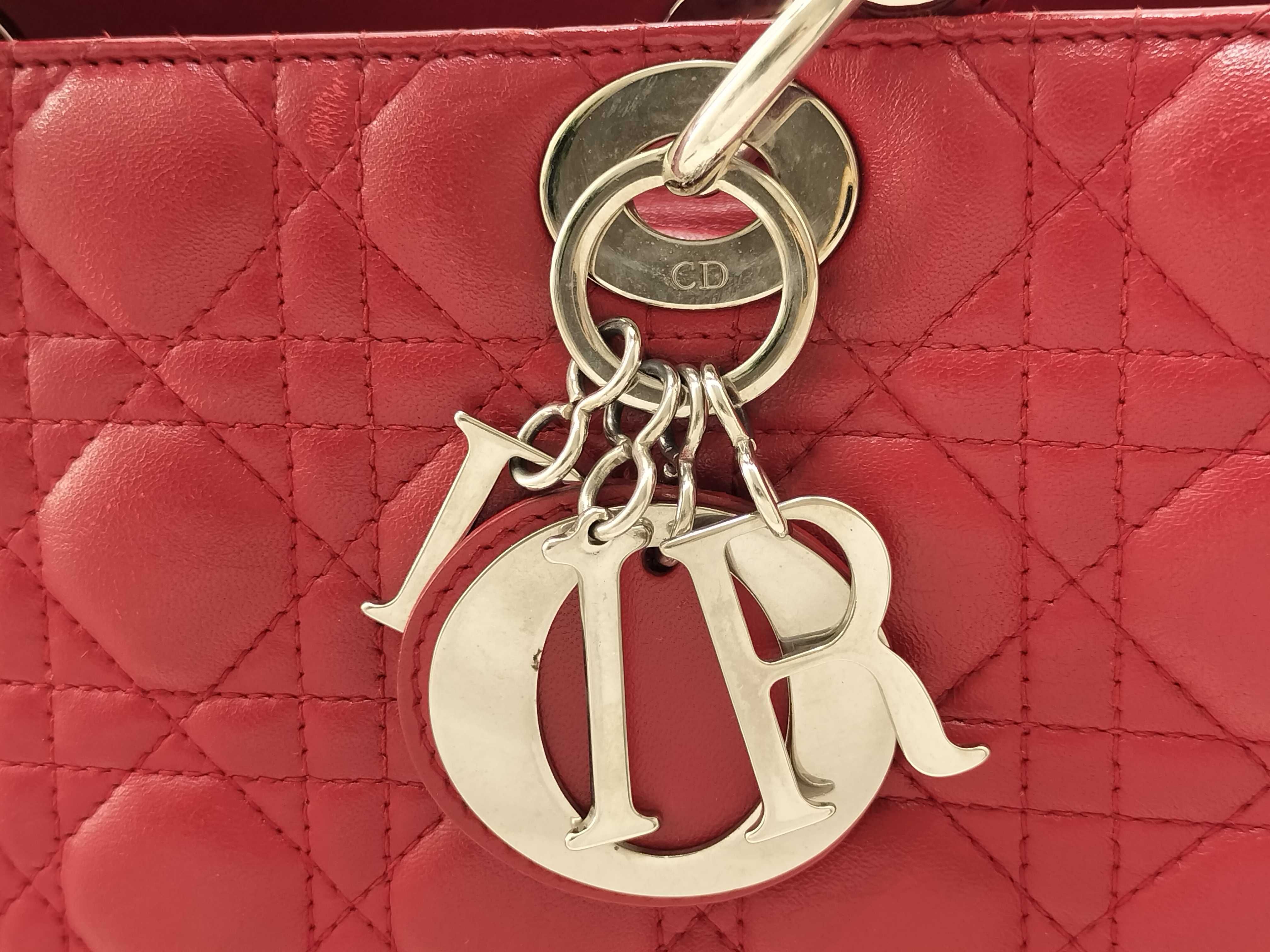 Lady Dior Christian 2-Way Lambskin Handbag (Red & Silver) — view 9