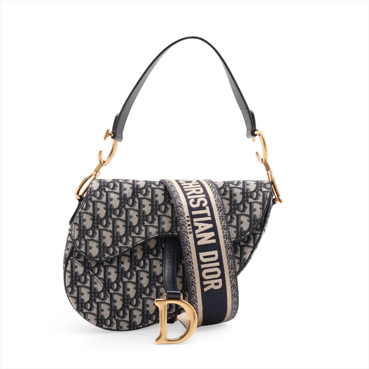 Oblique Saddle Bag, Canvas x Leather, 2-Way Shoulder Bag, Navy