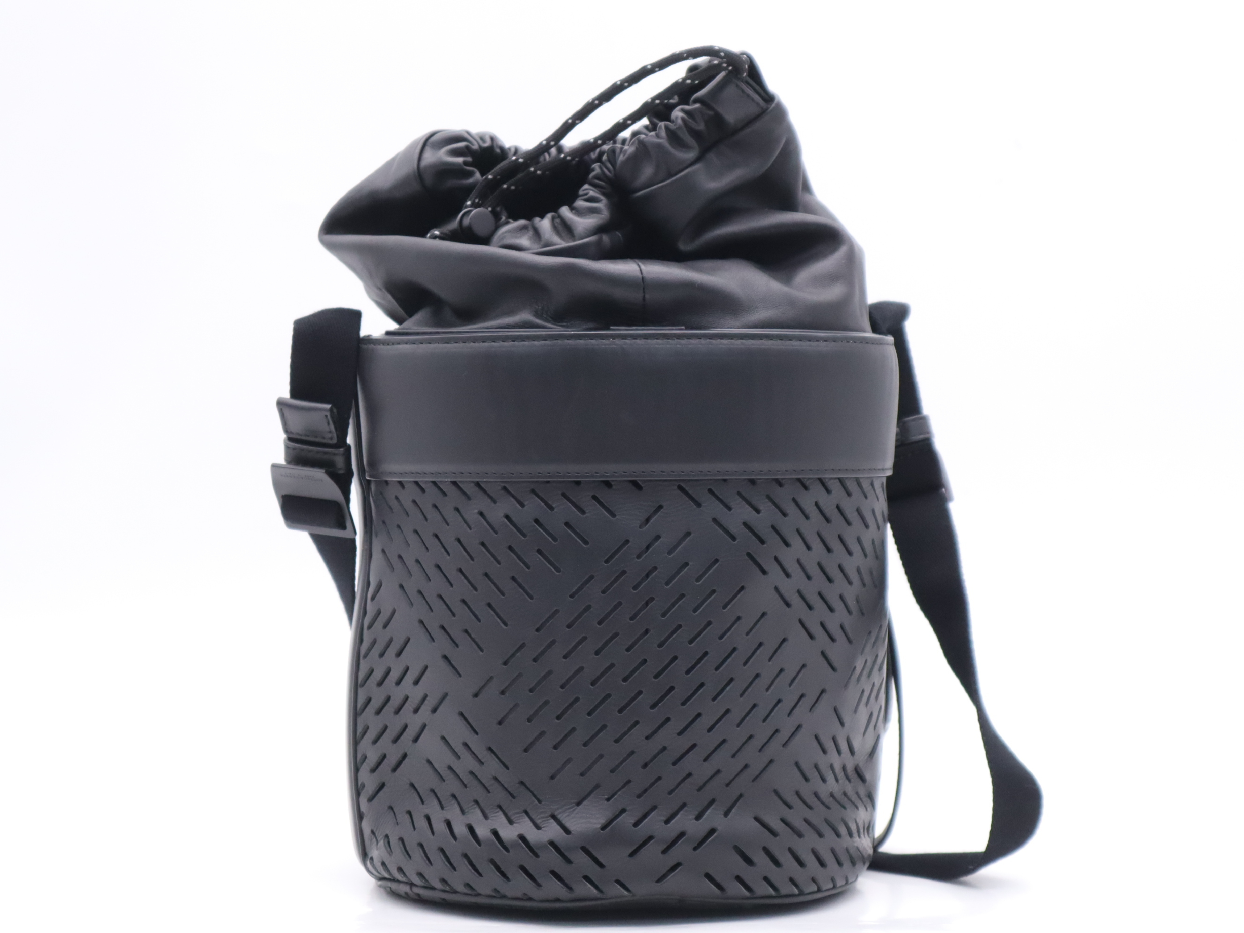 Calfskin Perforated Paper Drawstring Bucket Bag, Black, Silver Hardware, Shoulder Bag — view 2