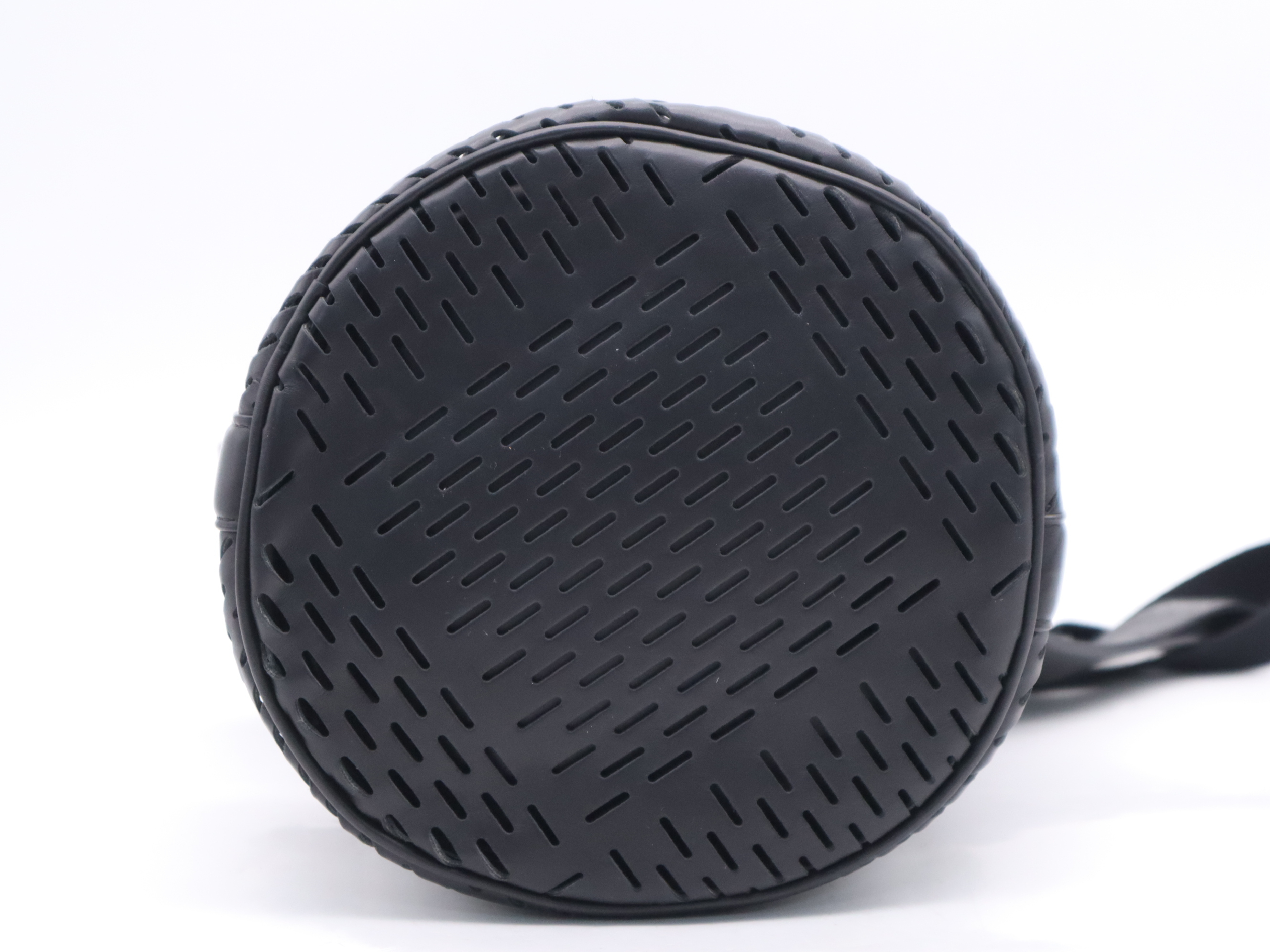 Calfskin Perforated Paper Drawstring Bucket Bag, Black, Silver Hardware, Shoulder Bag — view 4