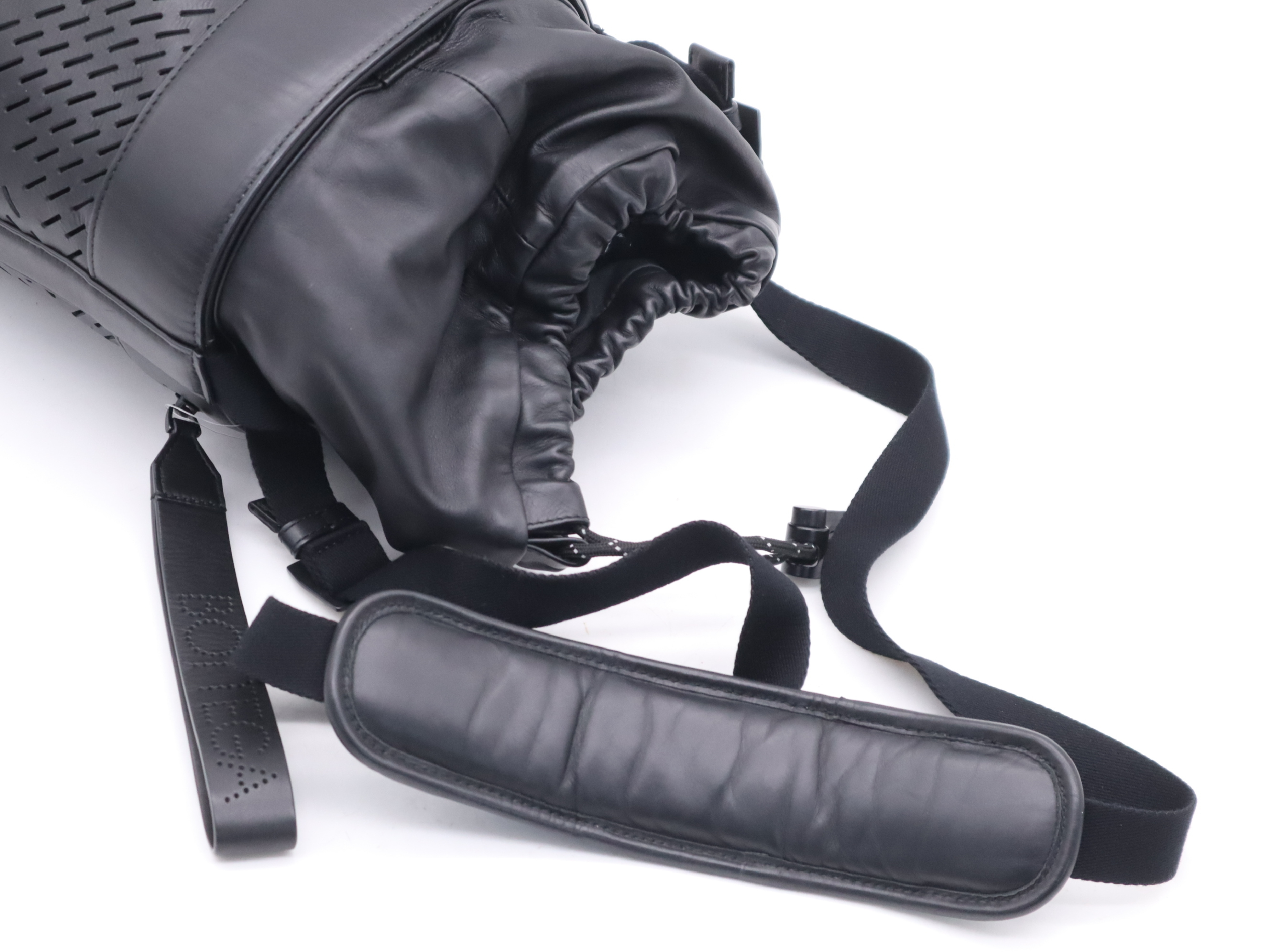 Calfskin Perforated Paper Drawstring Bucket Bag, Black, Silver Hardware, Shoulder Bag — view 6