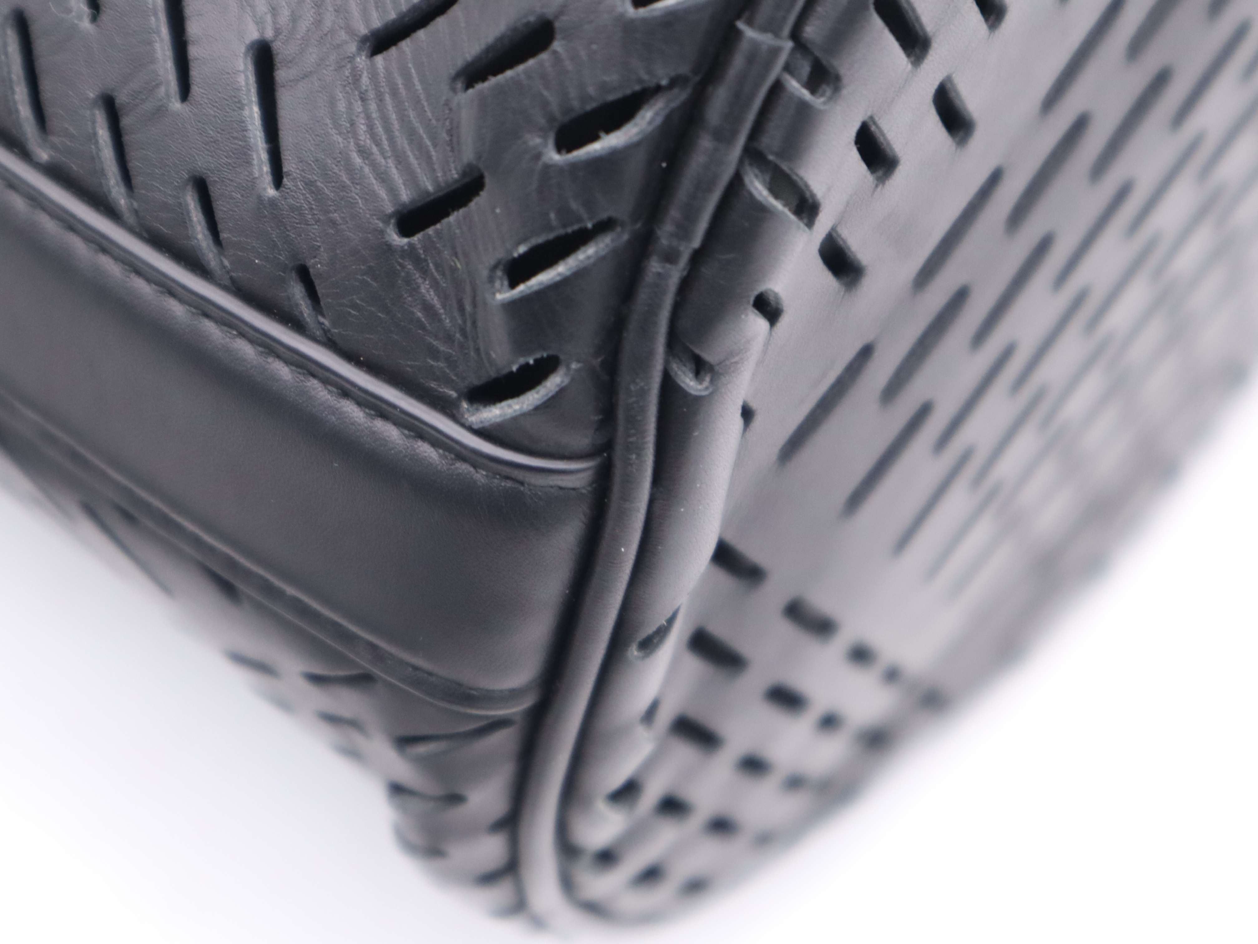 Calfskin Perforated Paper Drawstring Bucket Bag, Black, Silver Hardware, Shoulder Bag — view 9