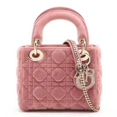 Cannage Lady Dior Mini Velour x Leather 2-Way Handbag Pink