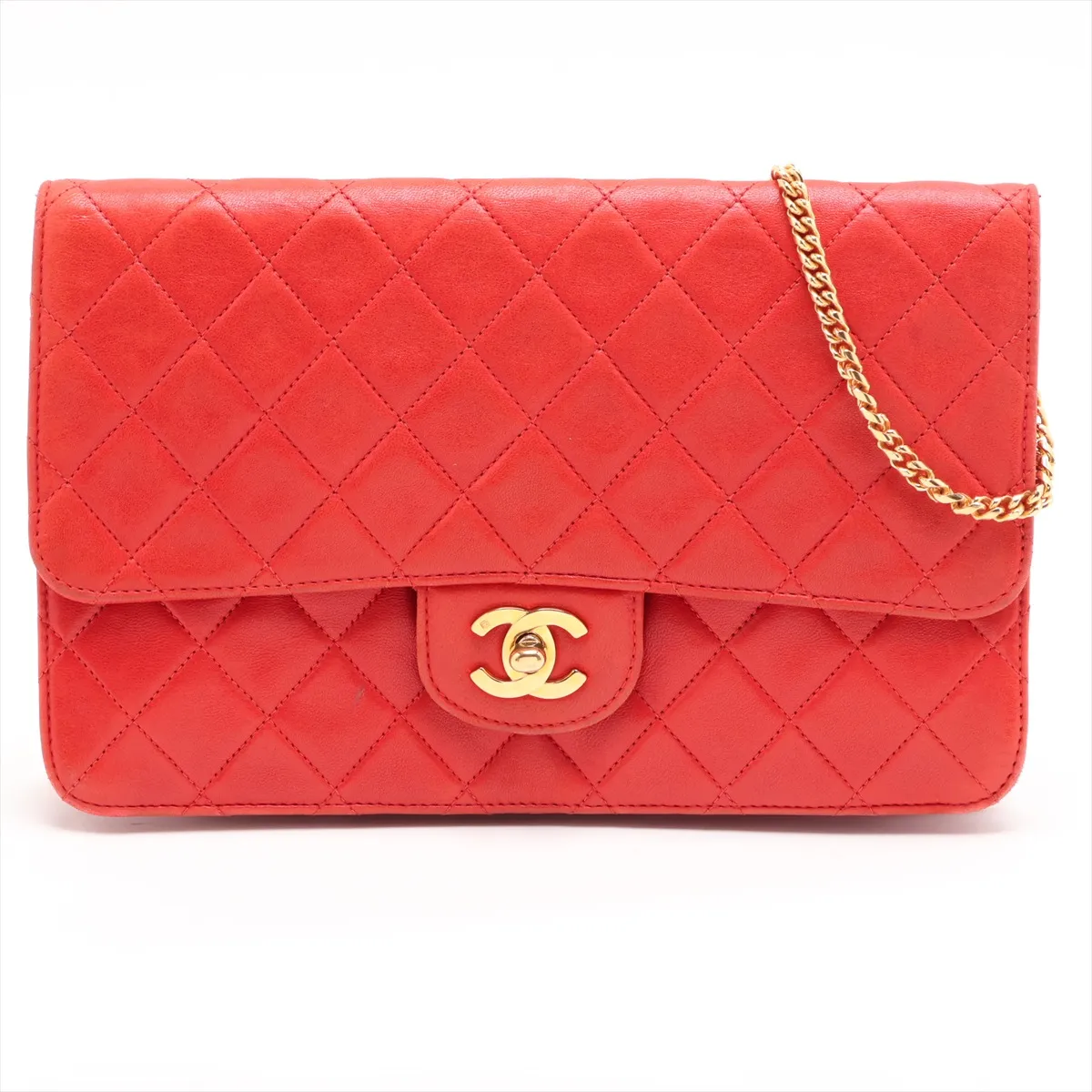 Matelassé Lambskin Chain Shoulder Bag, Red with Gold Hardware