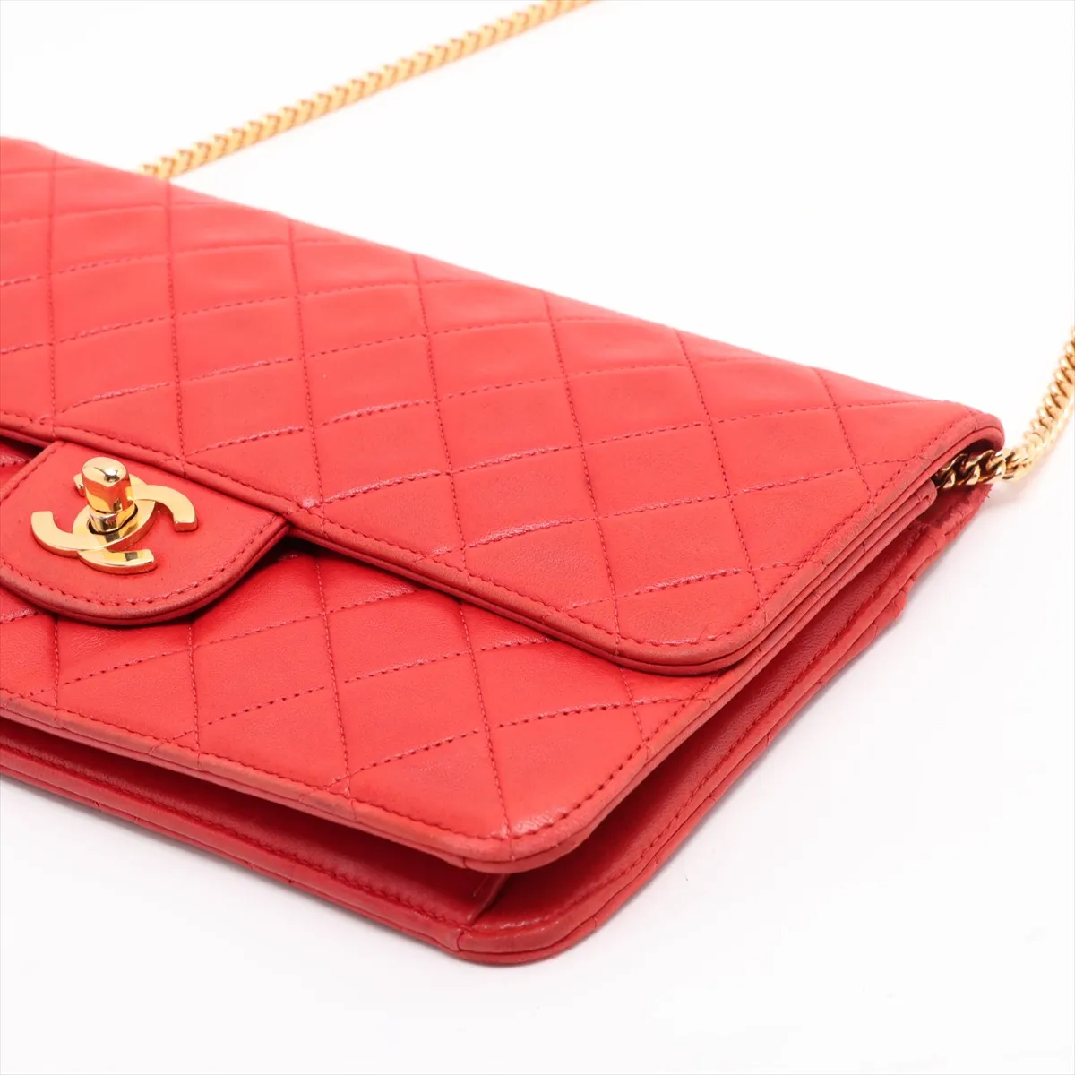 Matelassé Lambskin Chain Shoulder Bag, Red with Gold Hardware — view 3