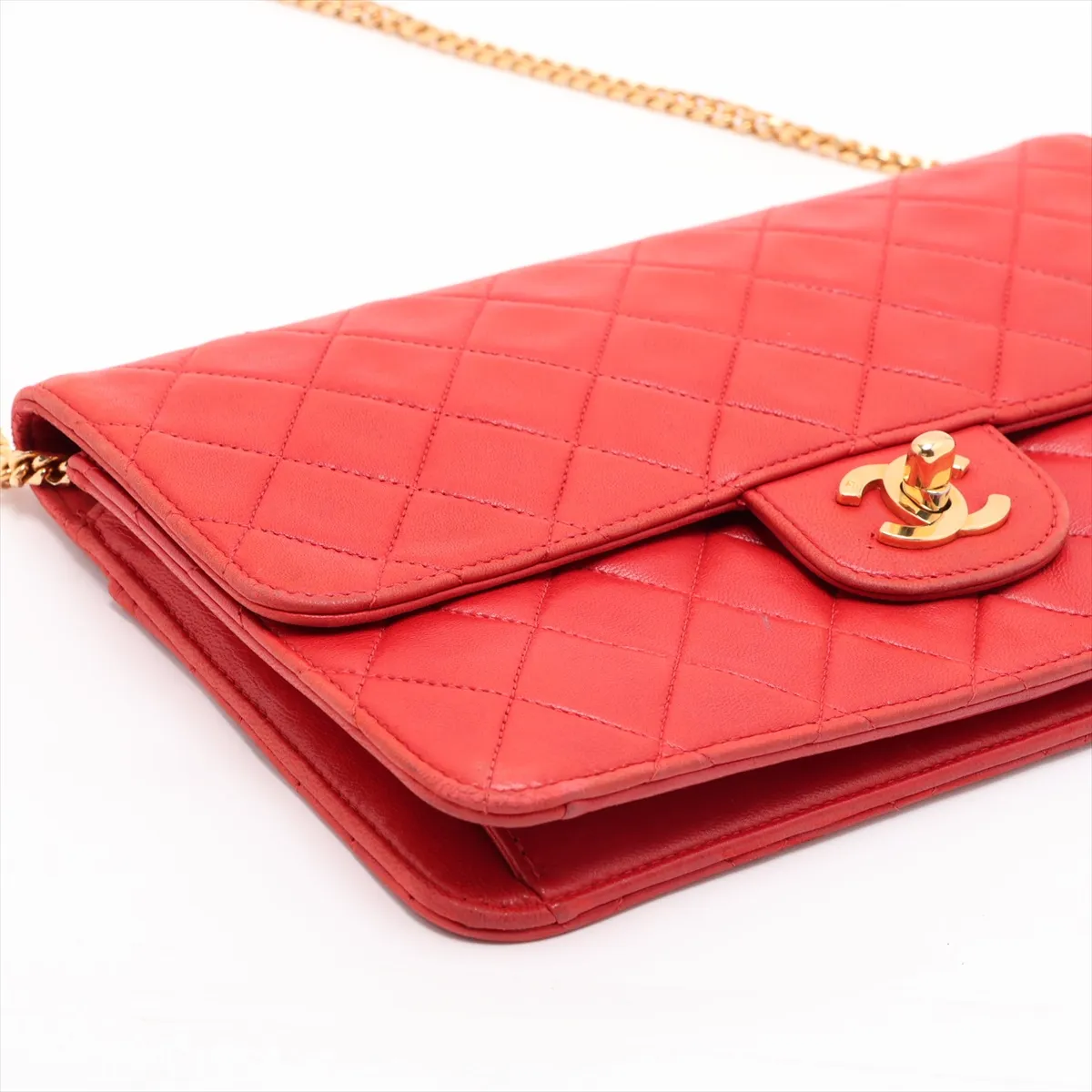 Matelassé Lambskin Chain Shoulder Bag, Red with Gold Hardware — view 4