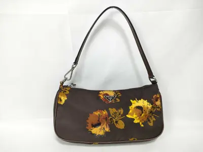 Nylon Brown Floral Triangle Logo Accessory Pouch One Shoulder Bag
