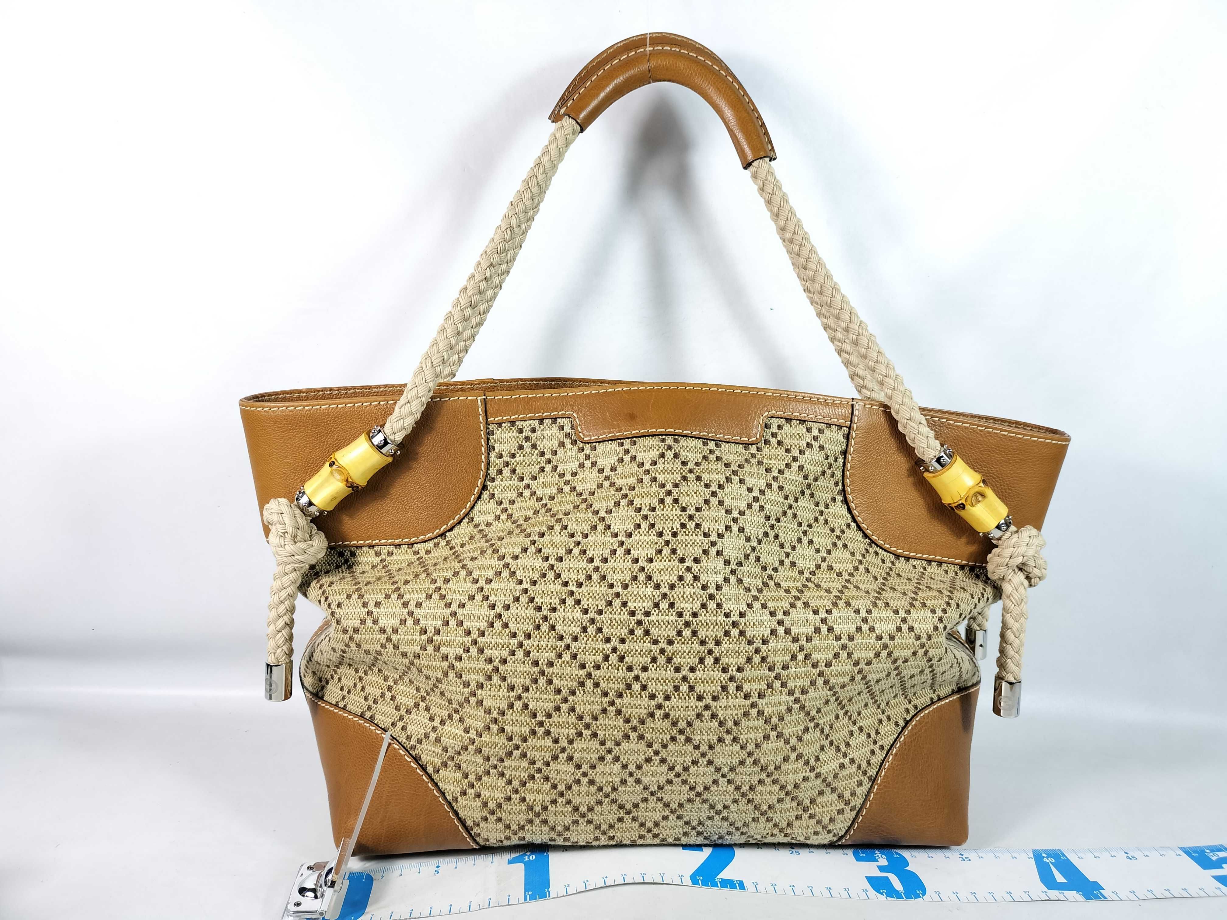 Raffia x Leather Tote Bag, Beige, 257058 (Tote Bag) — view 2