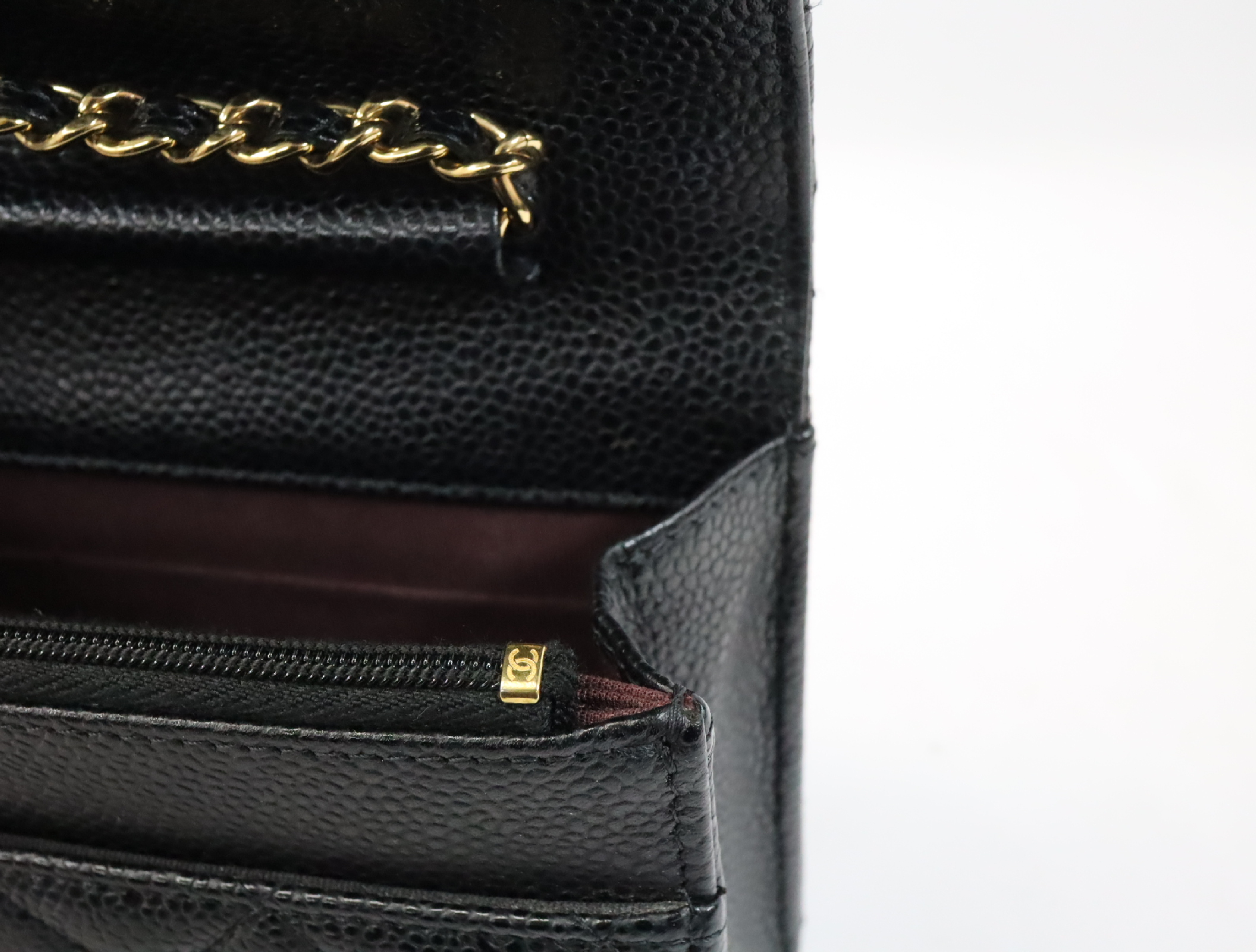 Matelassé Caviar Skin Chain Wallet, Black with Gold Hardware, Serial Number 30s, AP0250, Shoulder Bag — view 13