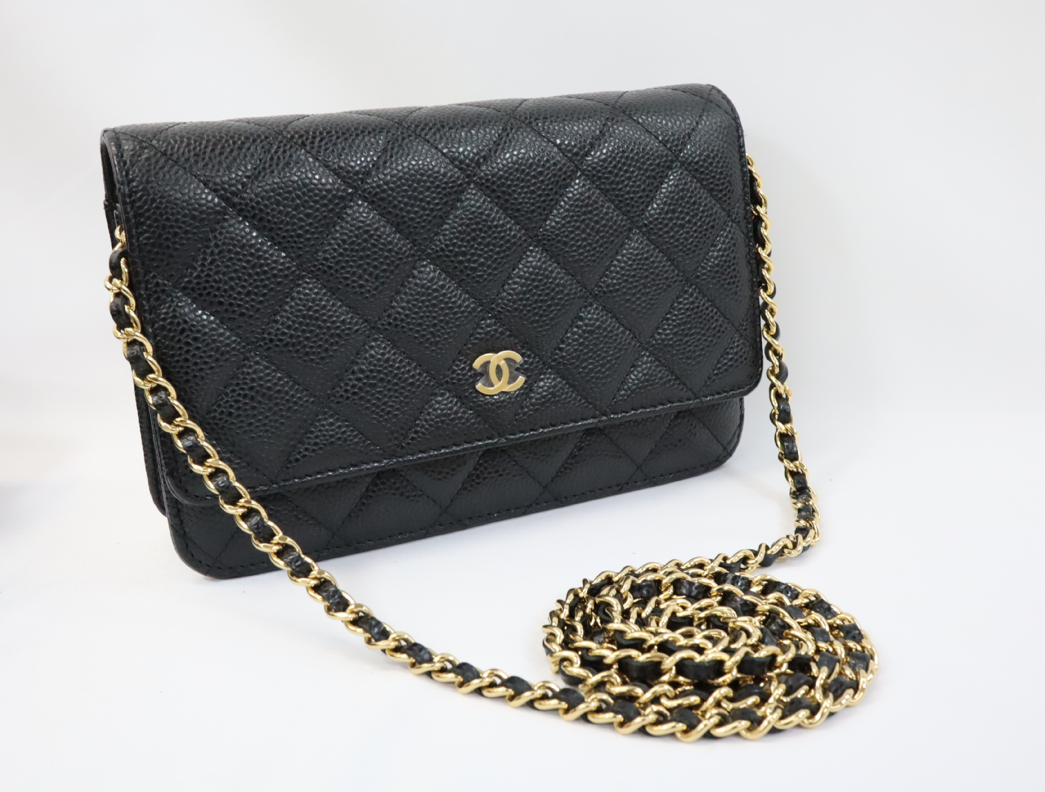 Matelassé Caviar Skin Chain Wallet, Black with Gold Hardware, Serial Number 30s, AP0250, Shoulder Bag — view 10