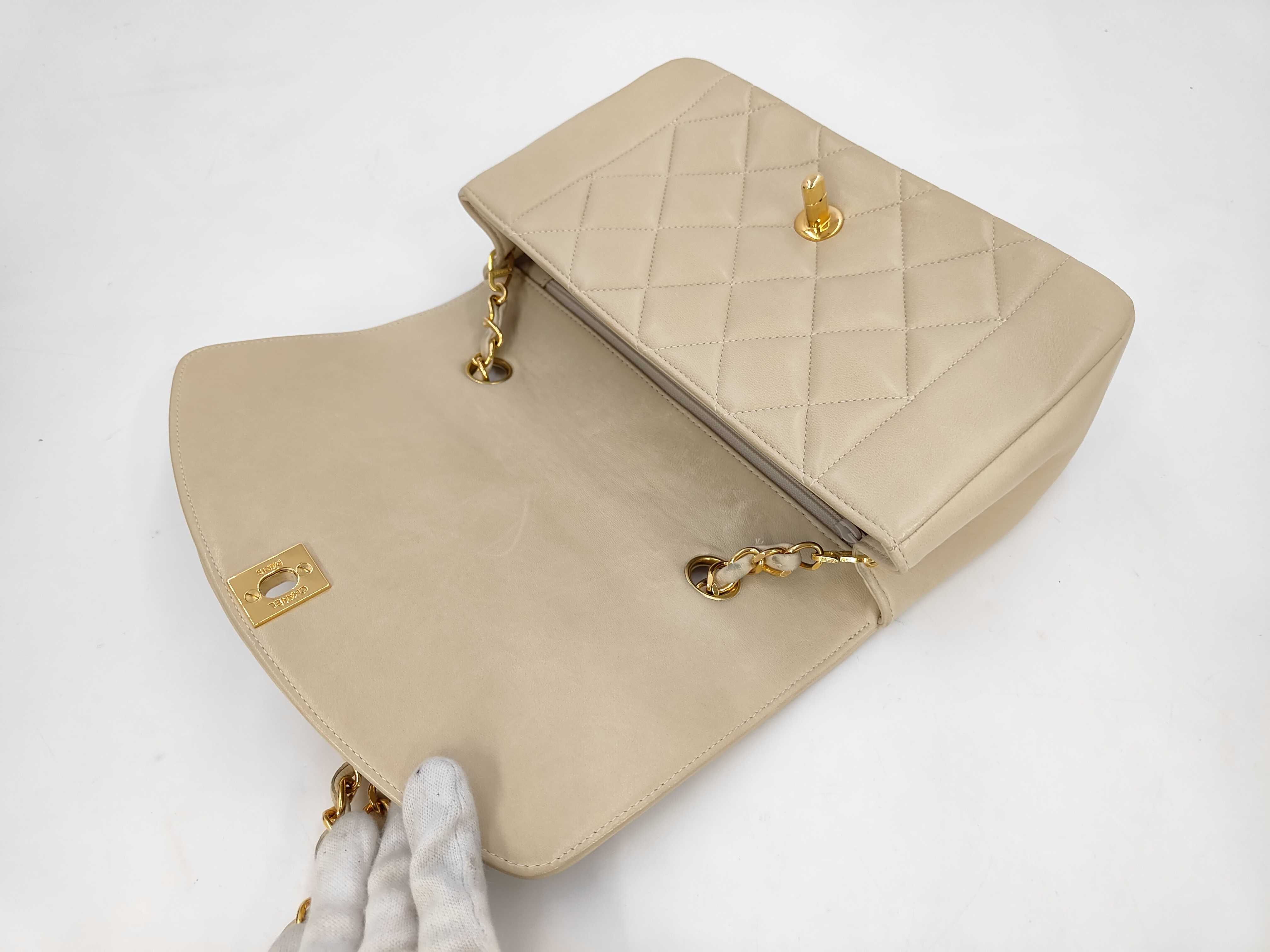 Chanel Diana Flap Matelassé Chain Shoulder Bag with Authenticity Card, Box, and Dust Bag, Beige Shoulder Bag — view 7