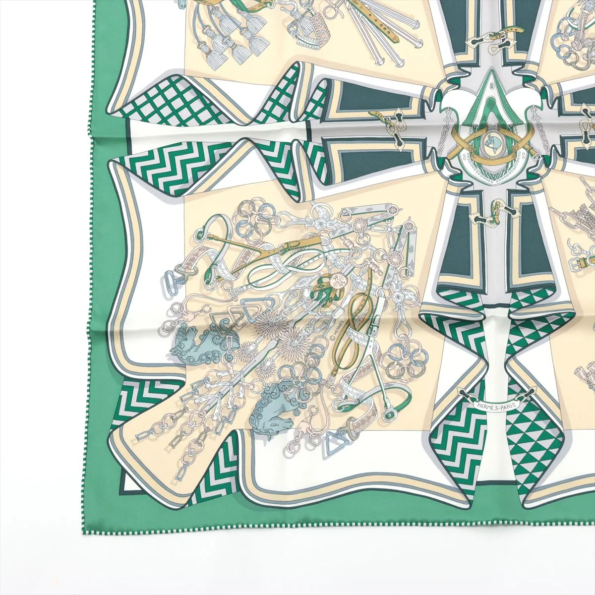 Carre 70 BOUQUETS SELLIER Saddle Craftsman's Bouquet Scarf Silk Green — view 5