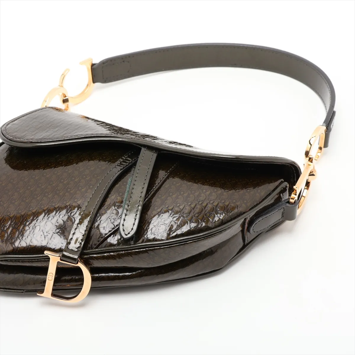 Trotter Saddle Patent Leather Shoulder Bag, Green, Unsigned Guarantee Card — view 3