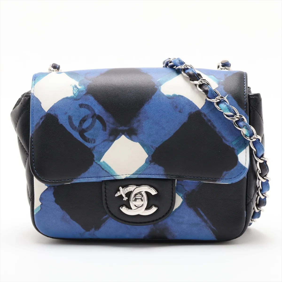 Airline Lambskin Single Flap Single Chain Bag, Blue x Black, Silver Hardware, 22624521, Serial Number 22