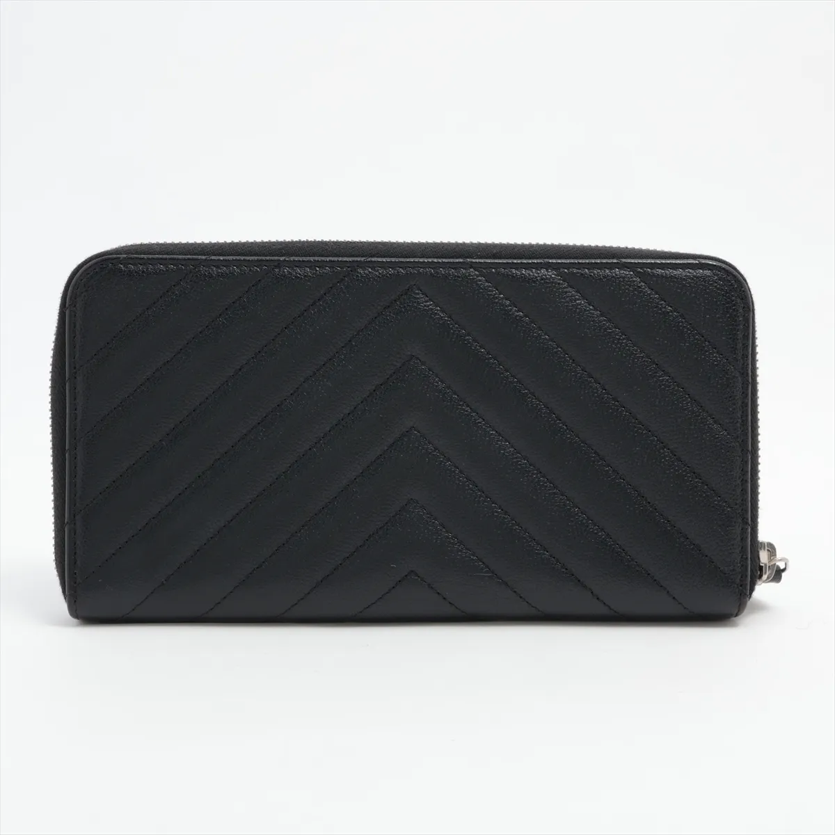 V-stitch lambskin round zip wallet, black with silver hardware, 25022793 — view 2