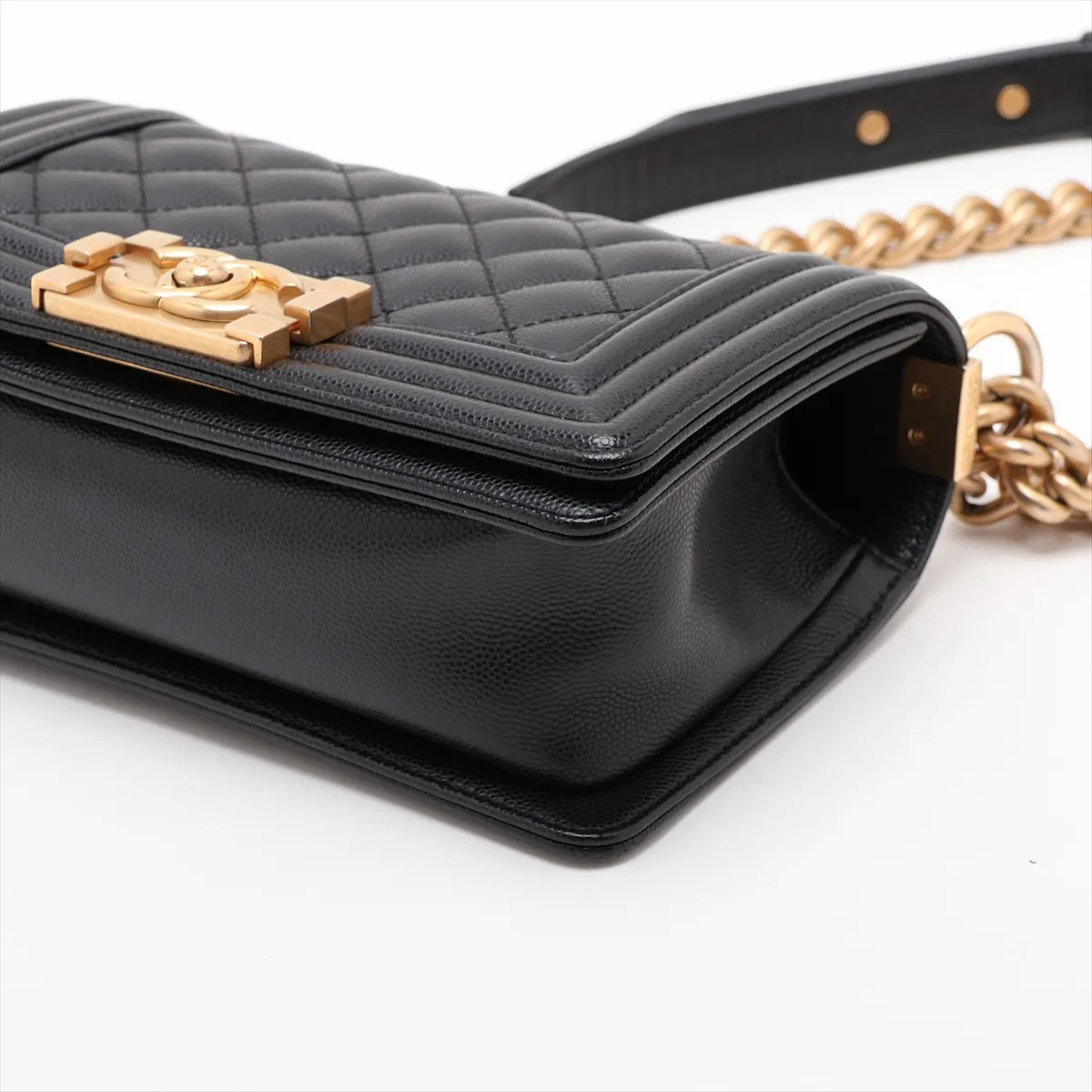 Boy Chanel 20 Small Caviar Skin Chain Shoulder Bag, Black with Gold Hardware, HX83PHJ0, Random Plate, A67085 — view 3