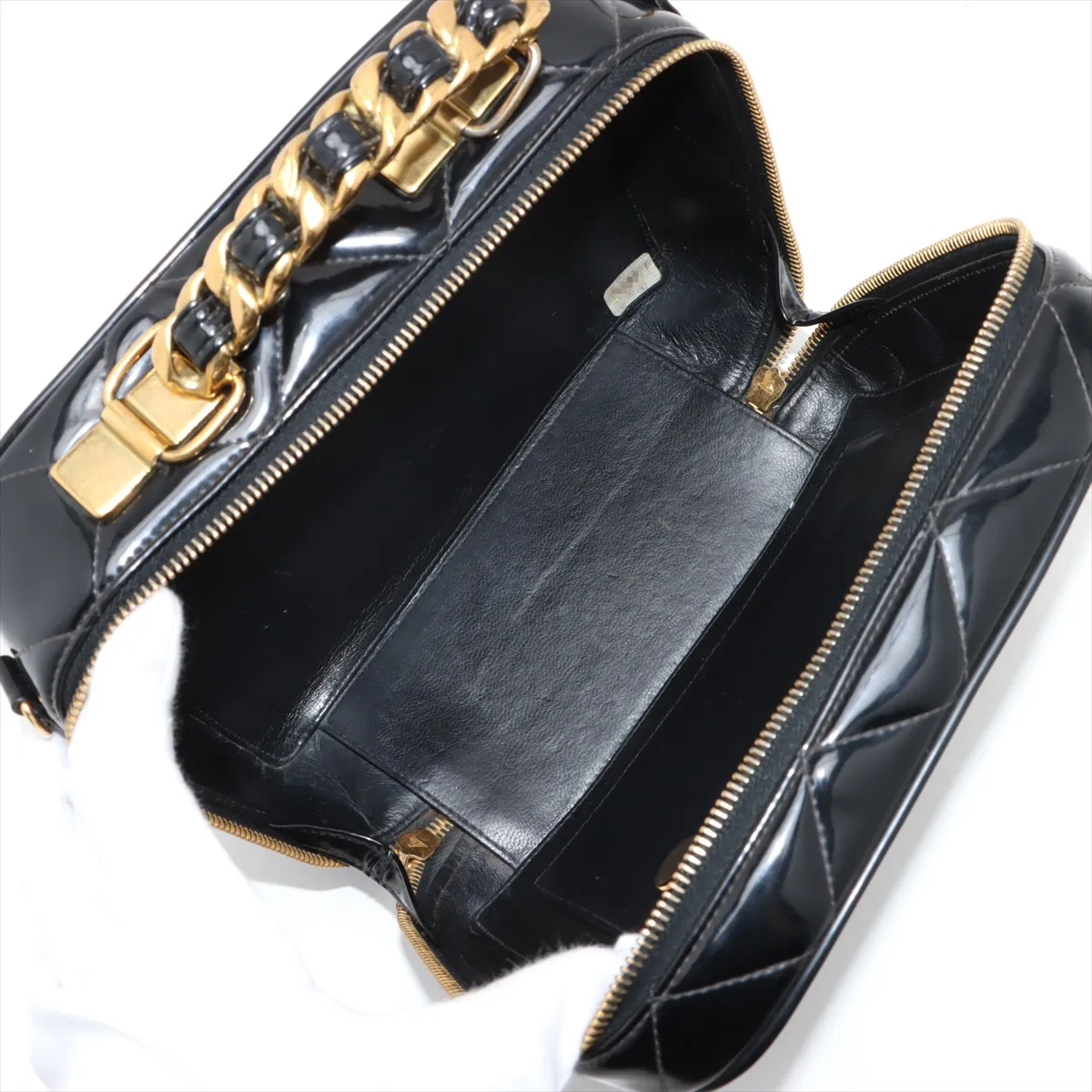 Matelasse Patent Leather 2WAY Handbag Black Gold Hardware — view 8