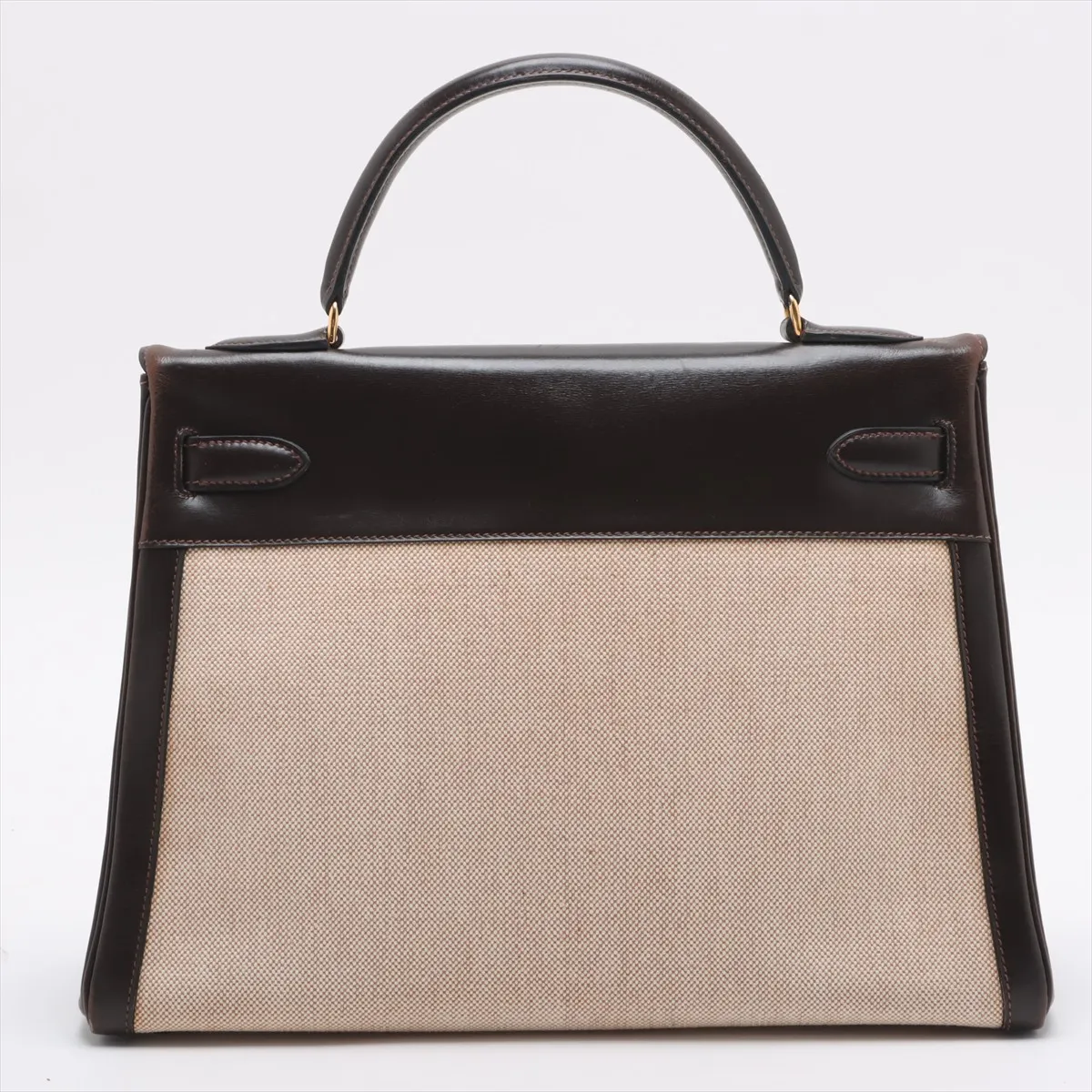 [Individually wrapped] Hermes Kelly 32 LeTourne Toile ash x Box calf Brown x Beige Gold hardware I: 1979 Cadena hardened lock — view 2