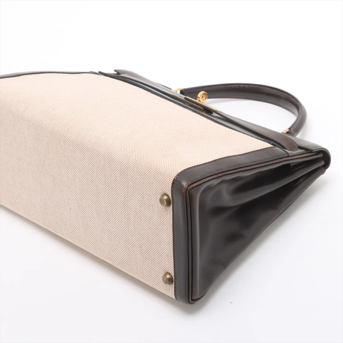 [Individually wrapped] Hermes Kelly 32 LeTourne Toile ash x Box calf Brown x Beige Gold hardware I: 1979 Cadena hardened lock — view 3