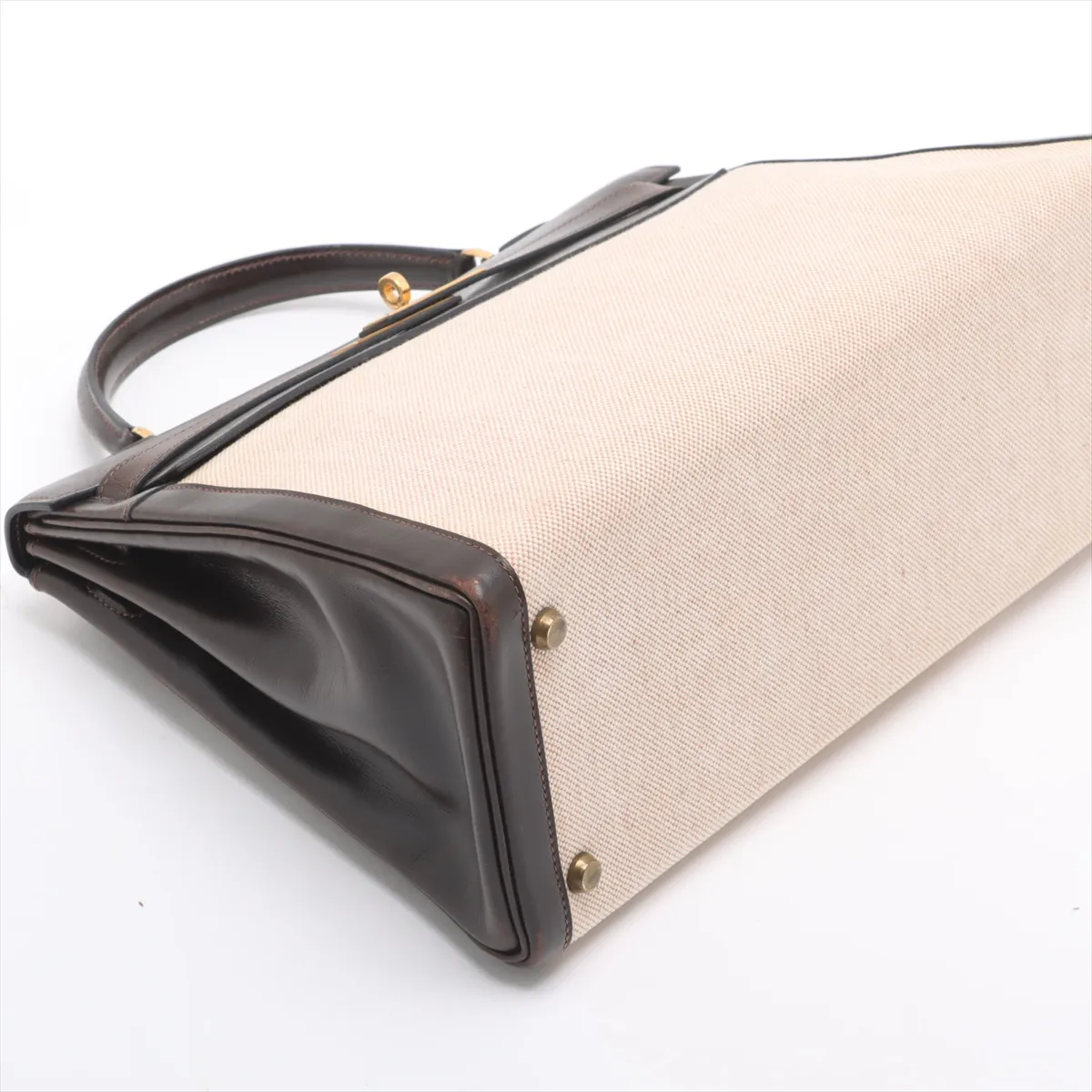 [Individually wrapped] Hermes Kelly 32 LeTourne Toile ash x Box calf Brown x Beige Gold hardware I: 1979 Cadena hardened lock — view 4