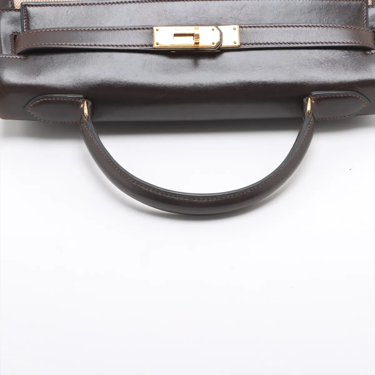 [Individually wrapped] Hermes Kelly 32 LeTourne Toile ash x Box calf Brown x Beige Gold hardware I: 1979 Cadena hardened lock — view 5