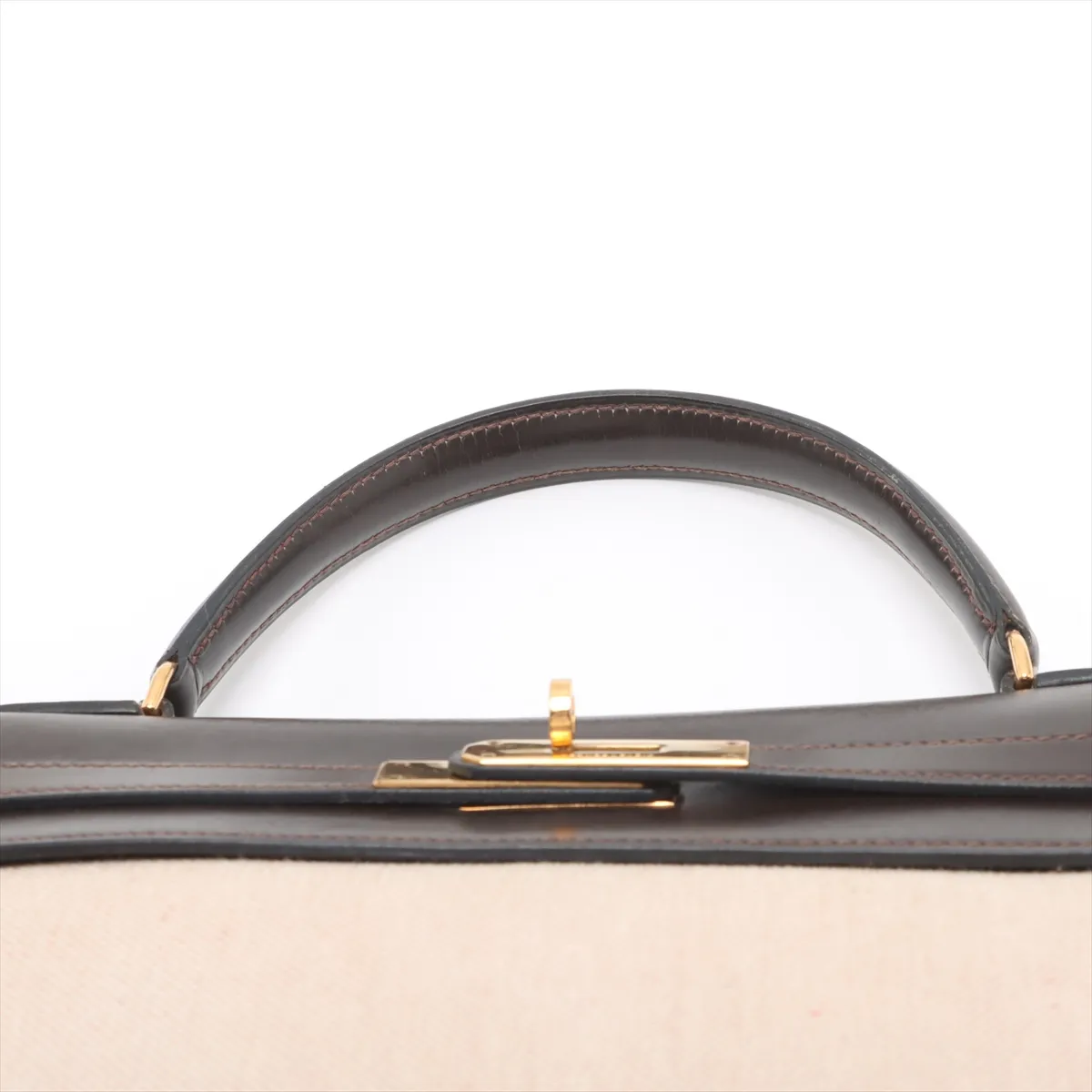 [Individually wrapped] Hermes Kelly 32 LeTourne Toile ash x Box calf Brown x Beige Gold hardware I: 1979 Cadena hardened lock — view 6