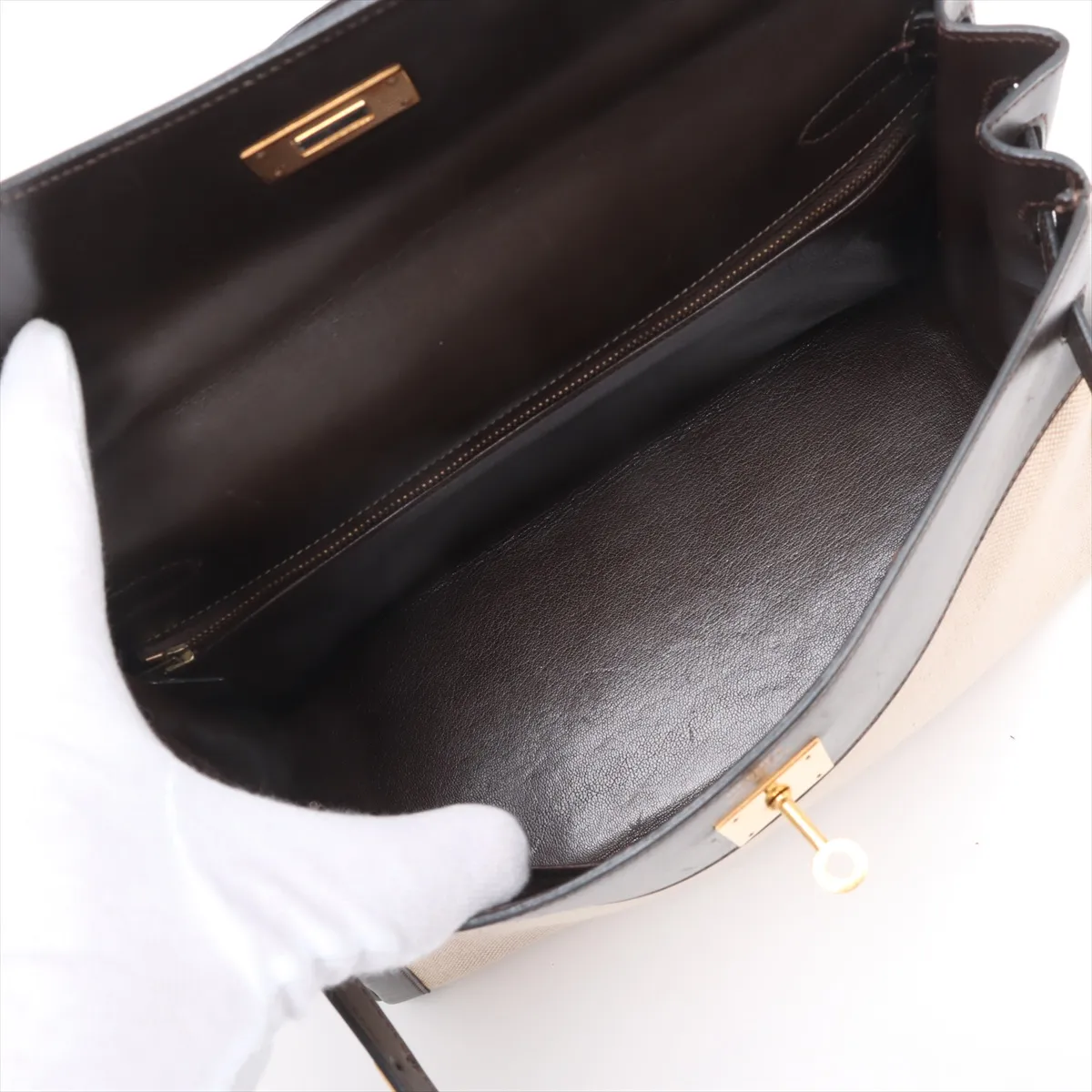 [Individually wrapped] Hermes Kelly 32 LeTourne Toile ash x Box calf Brown x Beige Gold hardware I: 1979 Cadena hardened lock — view 7
