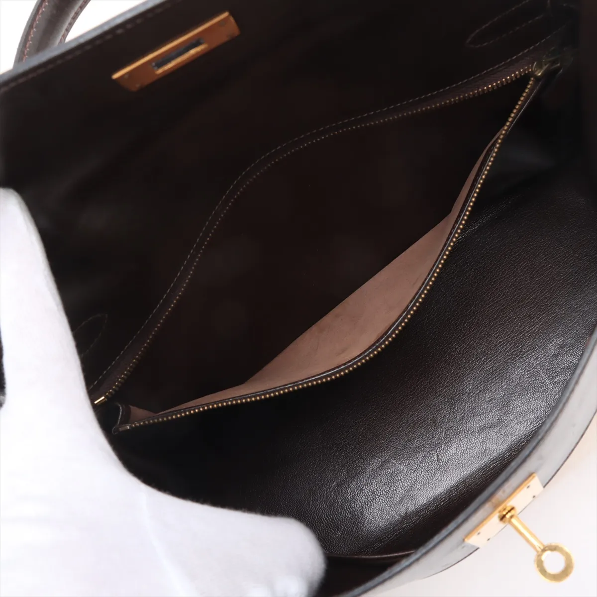 [Individually wrapped] Hermes Kelly 32 LeTourne Toile ash x Box calf Brown x Beige Gold hardware I: 1979 Cadena hardened lock — view 8