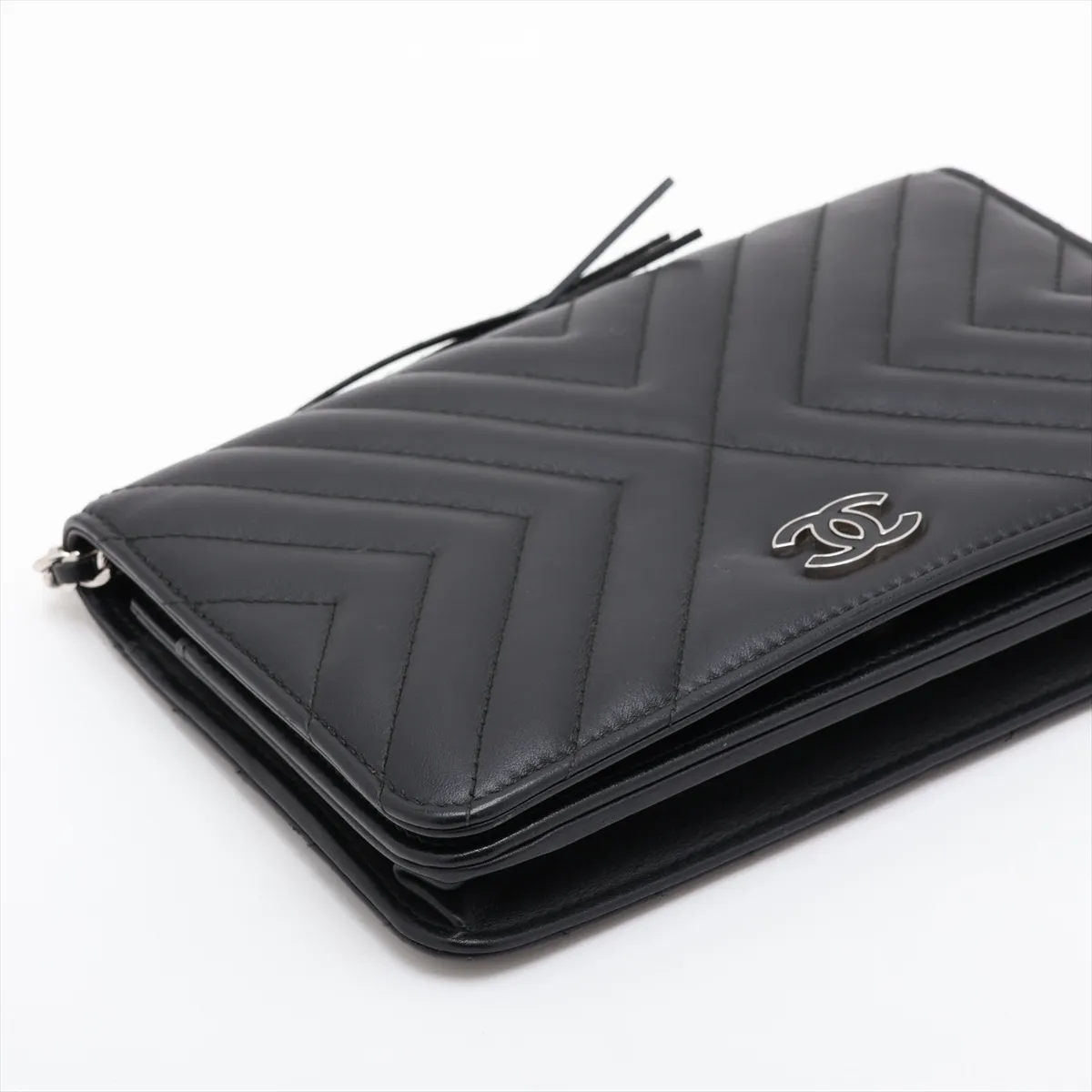Chevron Lambskin Chain Wallet, V-stitch, Black, Silver Hardware, 25743204 (Serial Number 25) — view 4