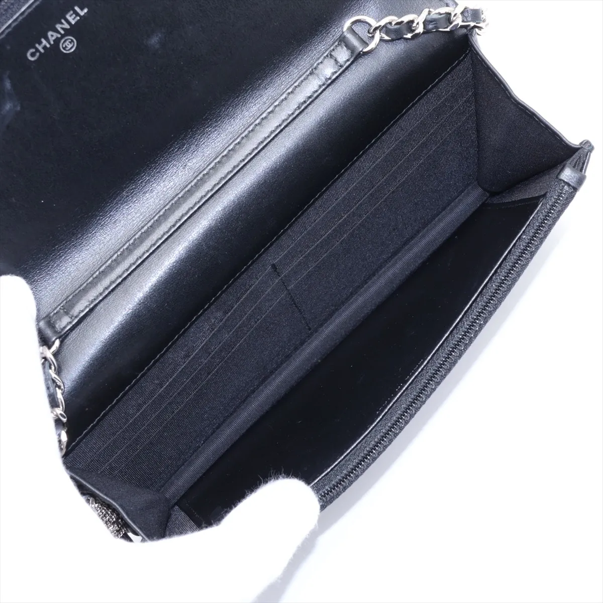Chevron Lambskin Chain Wallet, V-stitch, Black, Silver Hardware, 25743204 (Serial Number 25) — view 6
