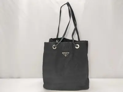 nylon shoulder bag with triangular logo, black handbag.