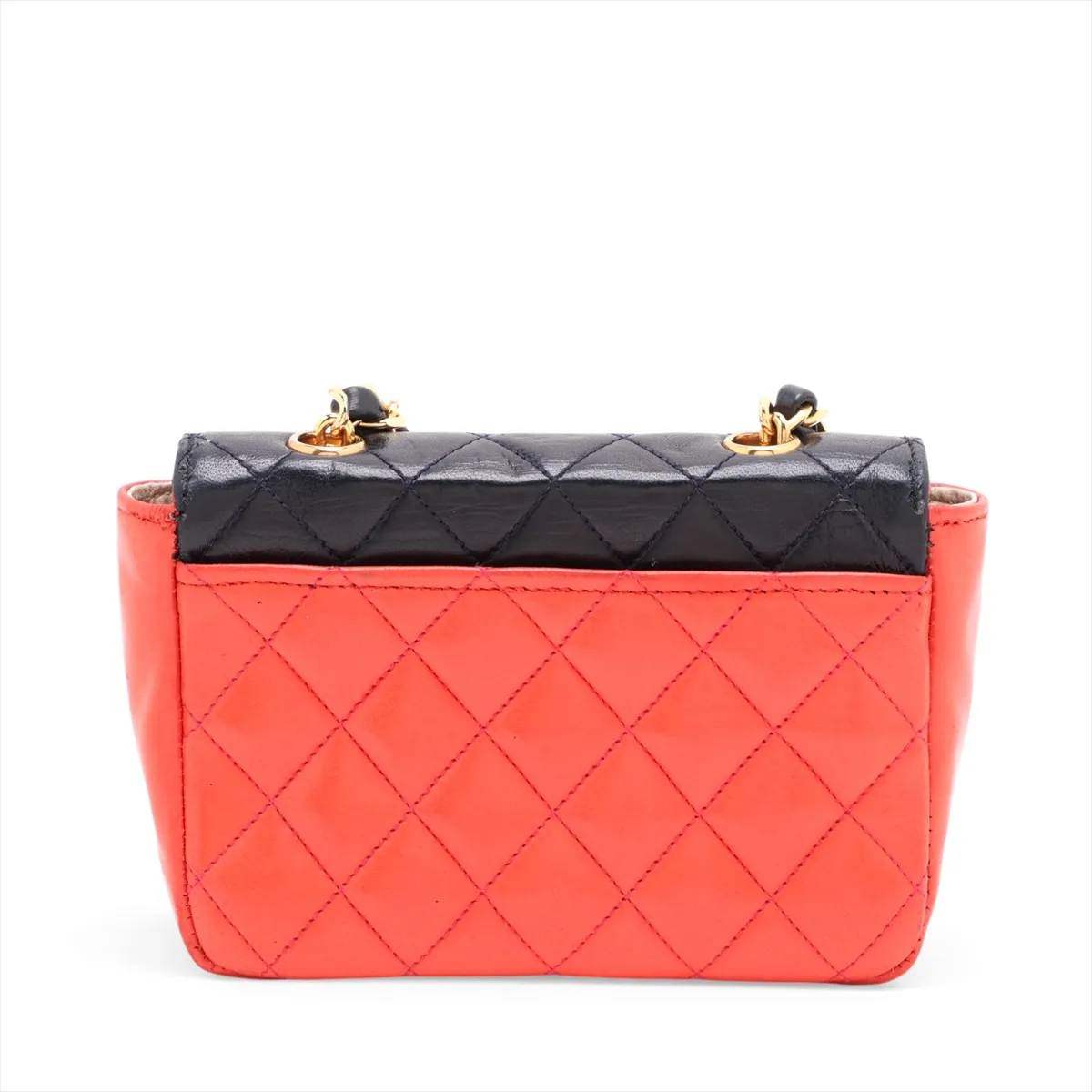 Matelassé Lambskin Single Flap Single Chain Bag, Red x Navy, Gold Hardware — view 2