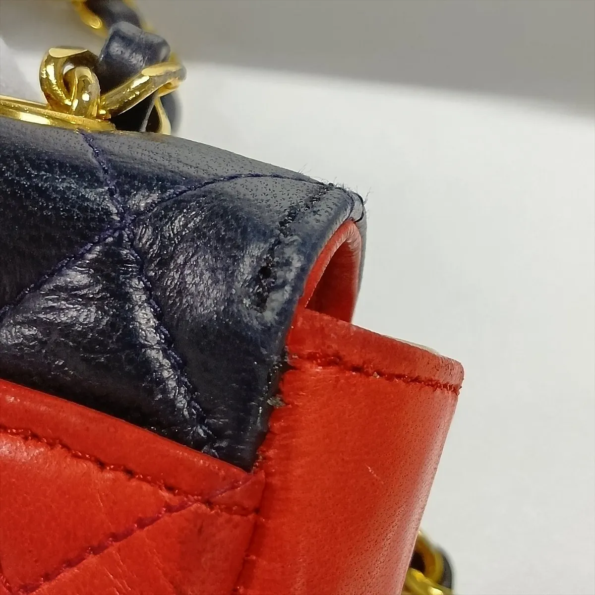 Matelassé Lambskin Single Flap Single Chain Bag, Red x Navy, Gold Hardware — view 11