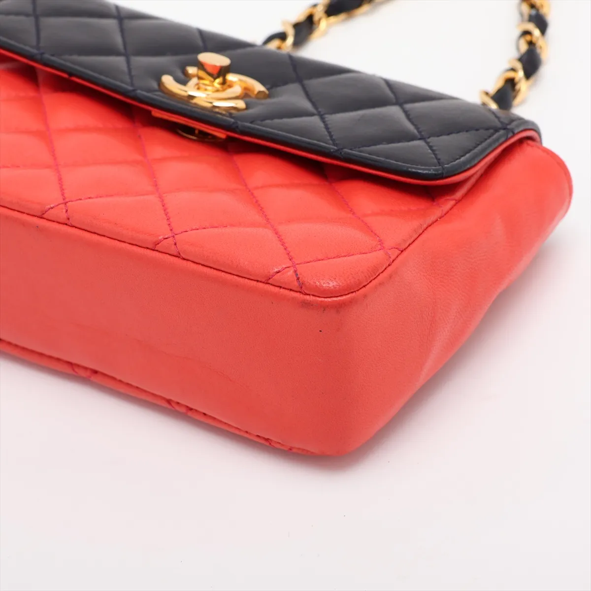 Matelassé Lambskin Single Flap Single Chain Bag, Red x Navy, Gold Hardware — view 3