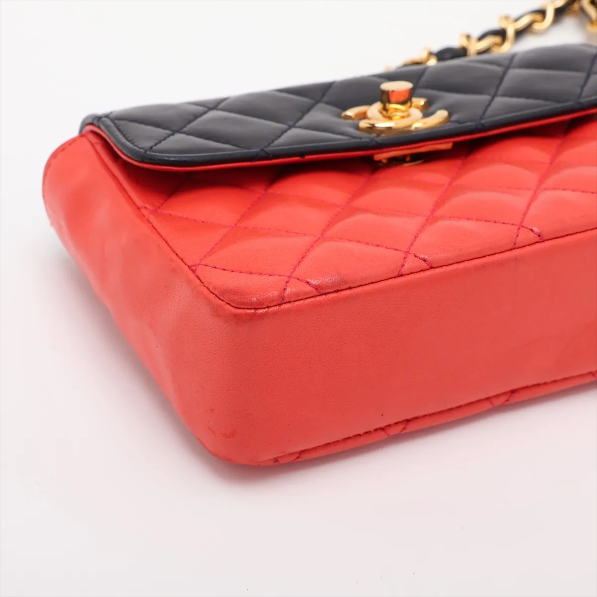 Matelassé Lambskin Single Flap Single Chain Bag, Red x Navy, Gold Hardware — view 4