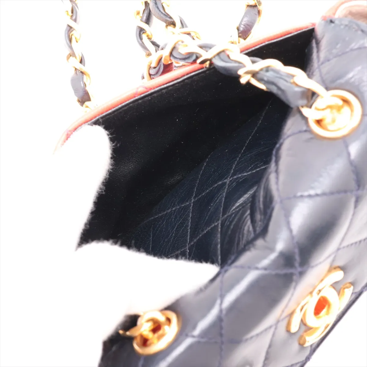 Matelassé Lambskin Single Flap Single Chain Bag, Red x Navy, Gold Hardware — view 7