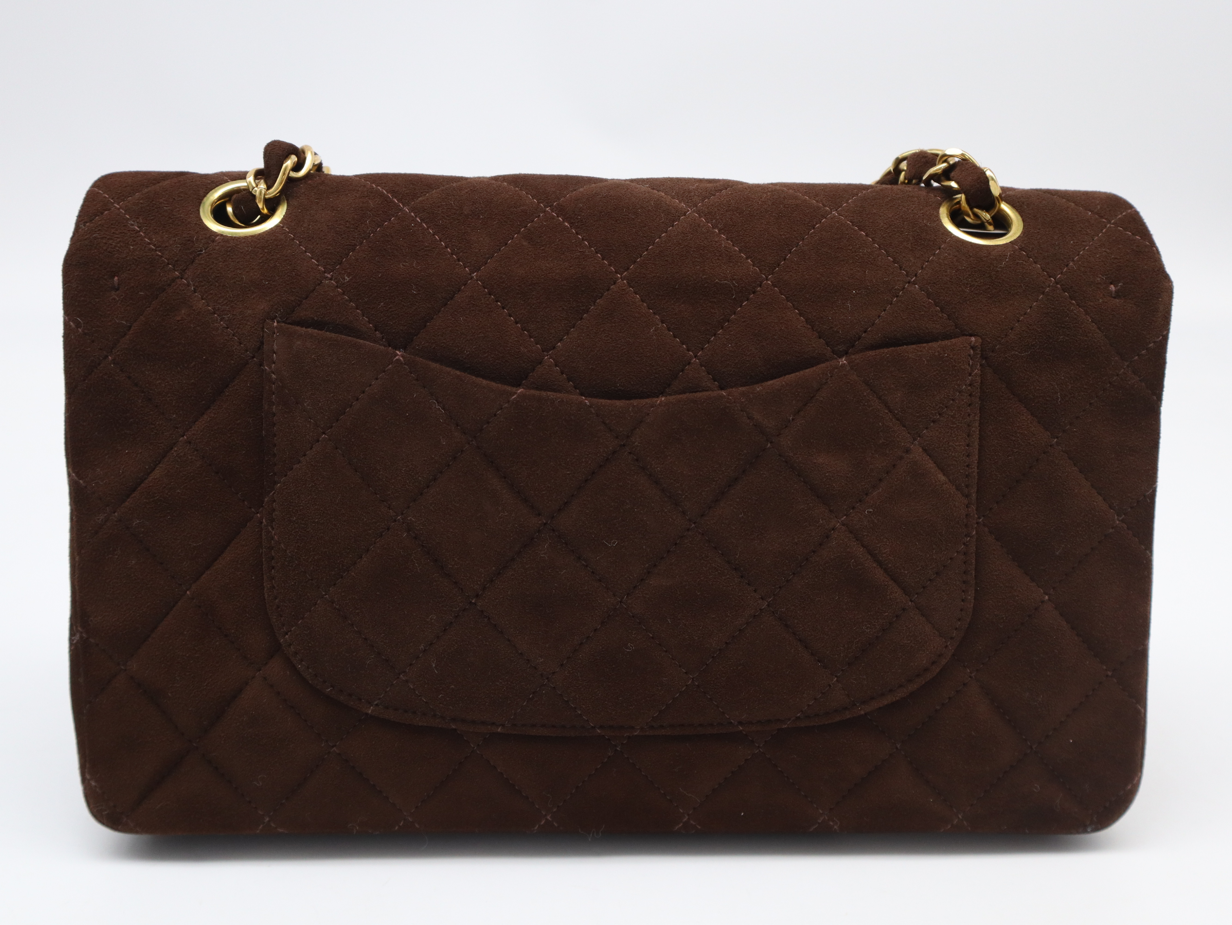 Suede Matelassé 25 Double Flap Double Chain Shoulder Bag, Gold Hardware, Brown, Seal, 2926209, with Box and Dust Bag. — view 2
