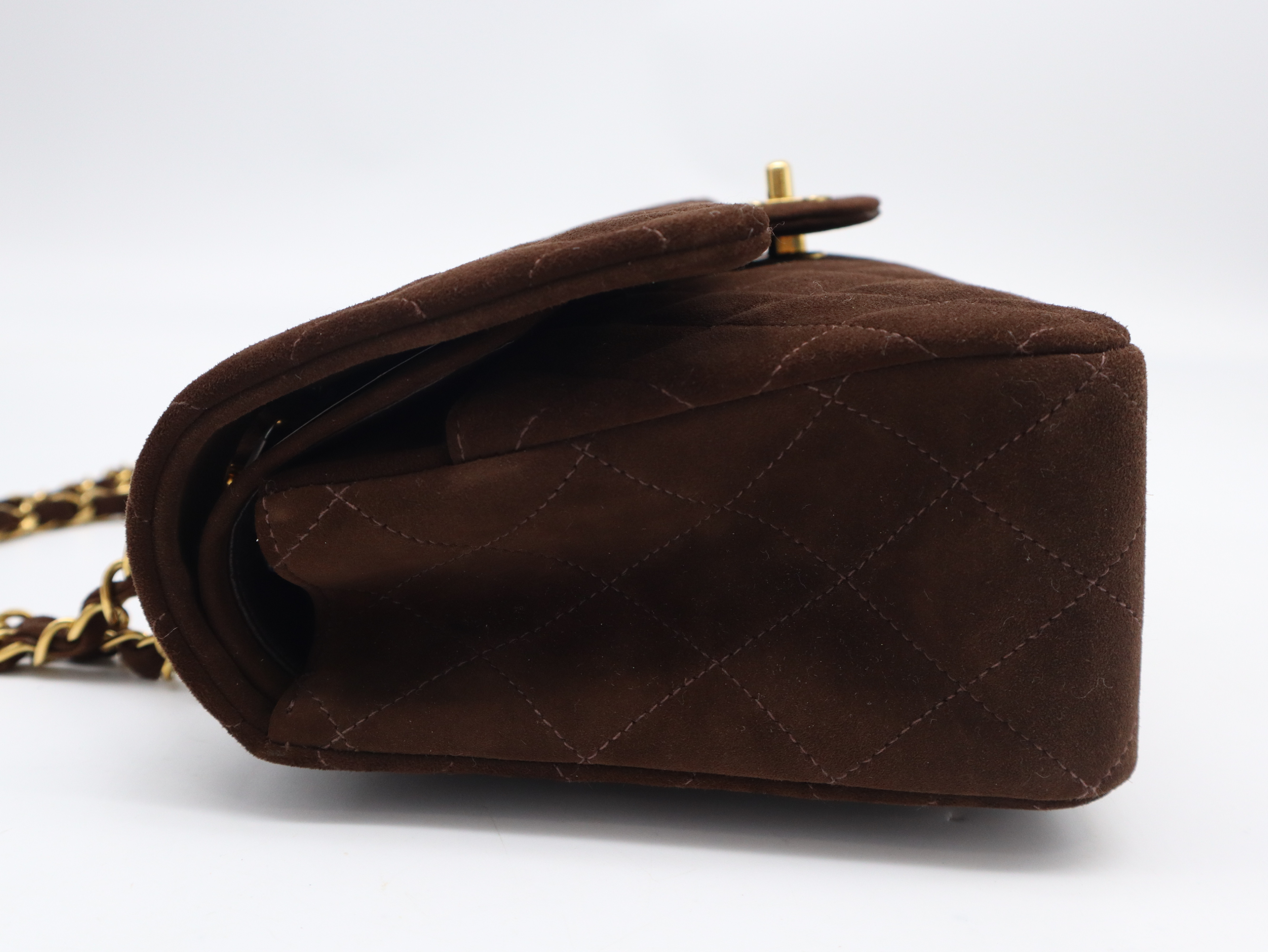 Suede Matelassé 25 Double Flap Double Chain Shoulder Bag, Gold Hardware, Brown, Seal, 2926209, with Box and Dust Bag. — view 3