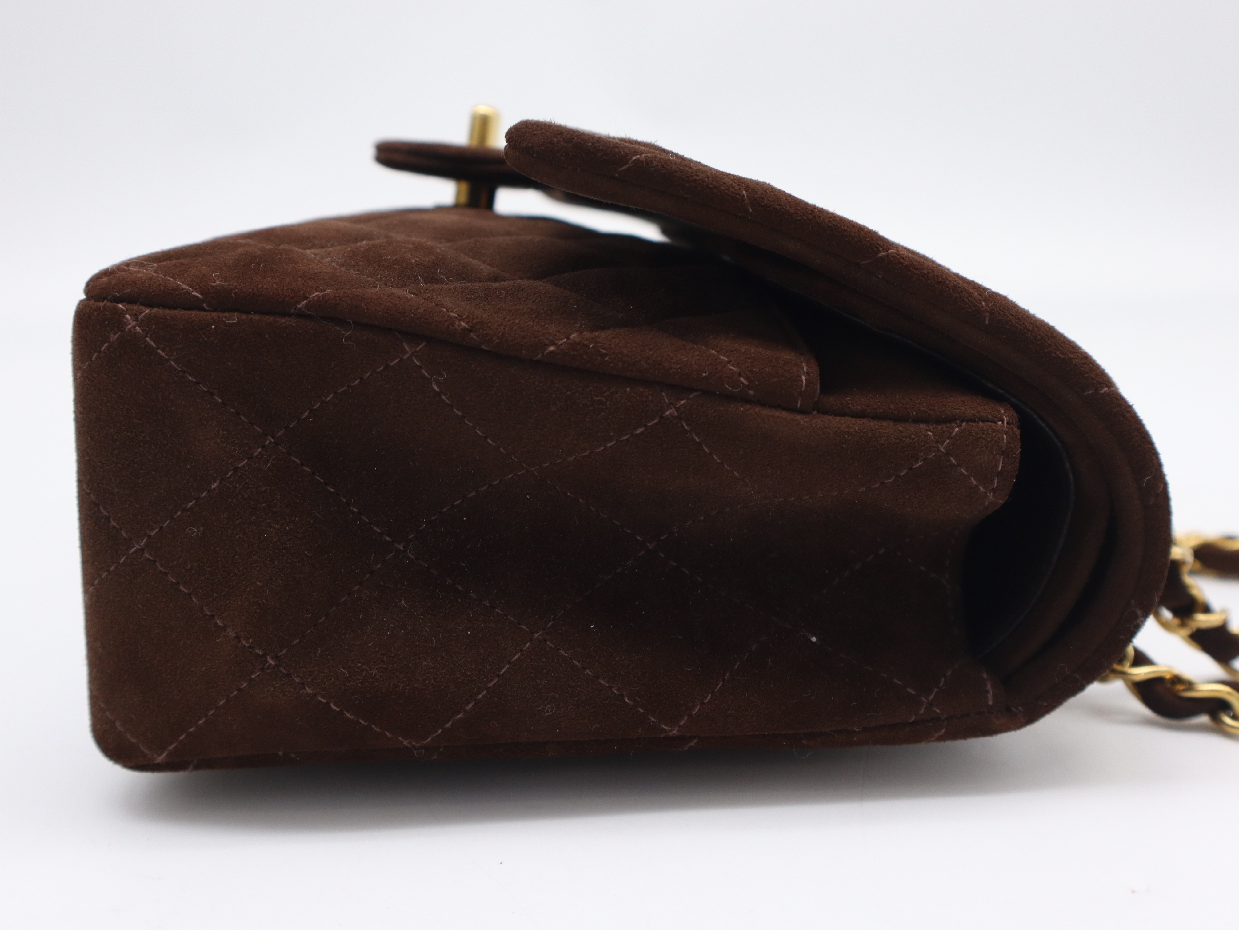 Suede Matelassé 25 Double Flap Double Chain Shoulder Bag, Gold Hardware, Brown, Seal, 2926209, with Box and Dust Bag. — view 4