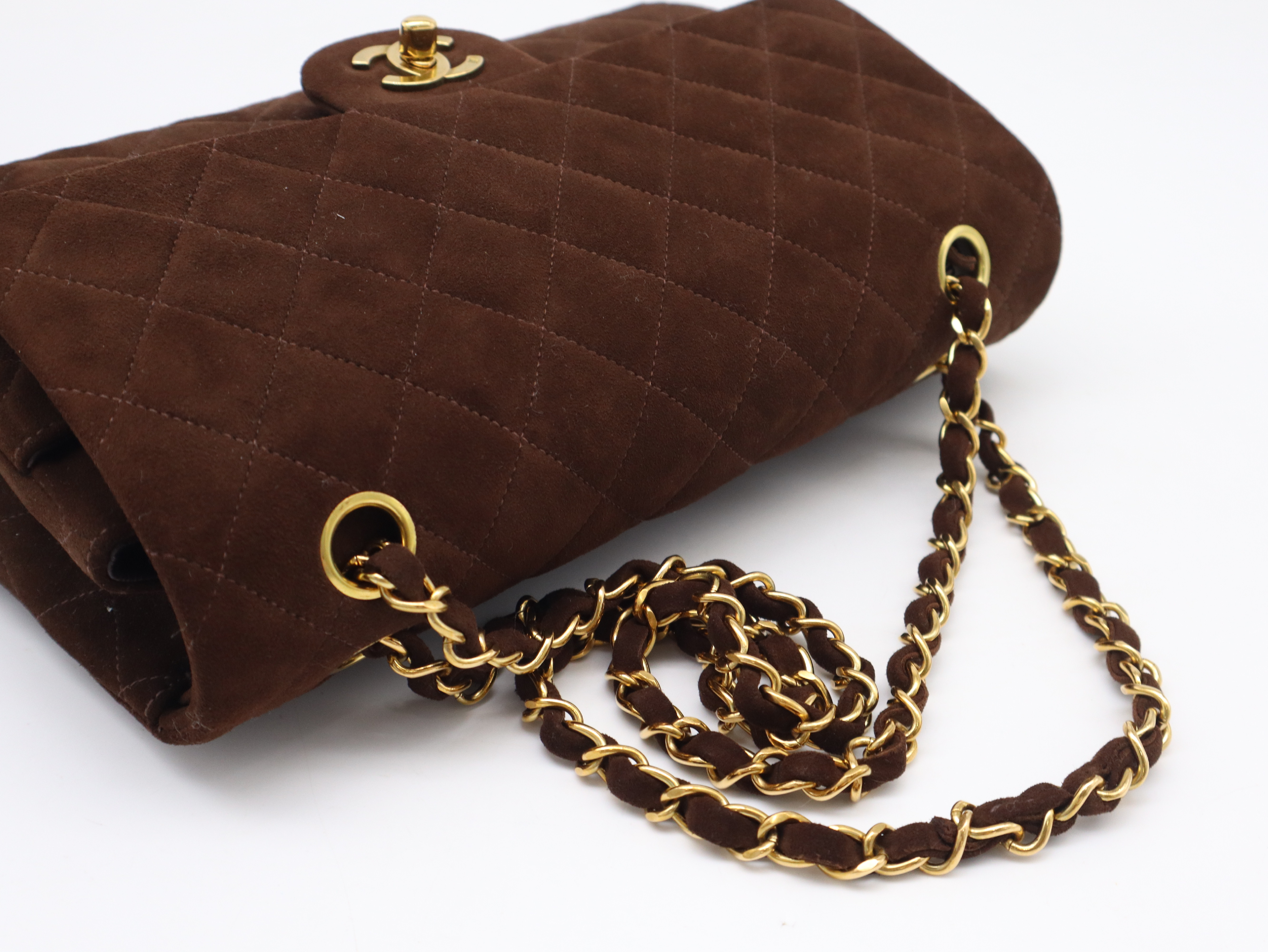 Suede Matelassé 25 Double Flap Double Chain Shoulder Bag, Gold Hardware, Brown, Seal, 2926209, with Box and Dust Bag. — view 6